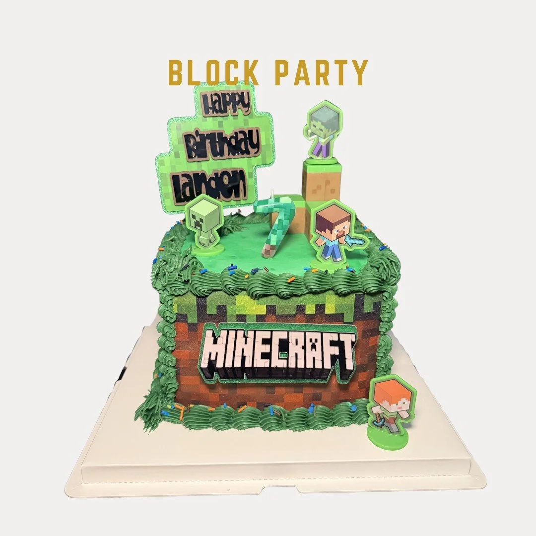 Block Party Cake is a Minecraft-themed birthday cake with green frosting, pixelated characters, and a sign reading "Happy Birthday Landon," celebrating a block party.