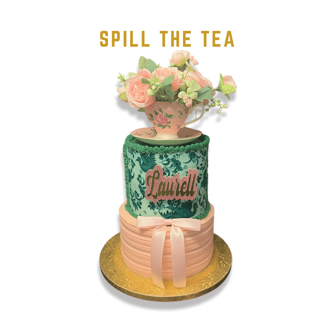 Cake It or Leave It Tampa Designed a tiered cake with pink and green decorations, a pink bow, and a teacup with flowers on top. The cake has the name the name 'Spill the Tea' at the top.