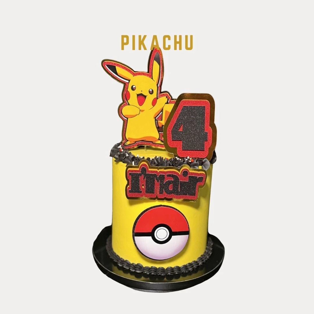 Pikachu-themed cake featuring a smiling Pikachu and a Poke Ball on the cake with the number 4, decorated with  yellow fondant and black trimming. With the title of cake Pikachu