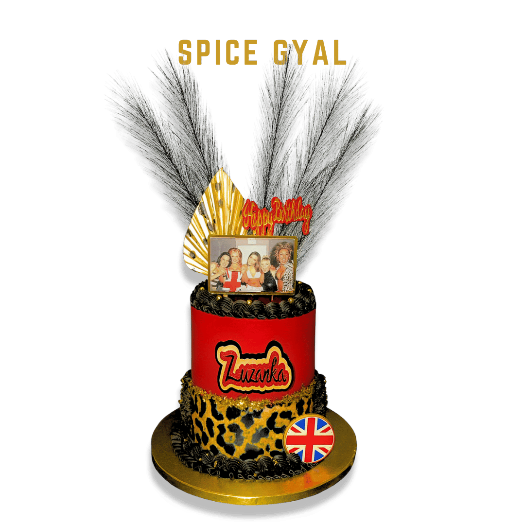 Cake It or Leave It Tamp two-tiered birthday cake with black, red, and gold animal print and solid colors, topped with feathers, decorative signs, a framed photo of a spice girls , and a British flag emblem, with the words "Spice Gyal" at the top.