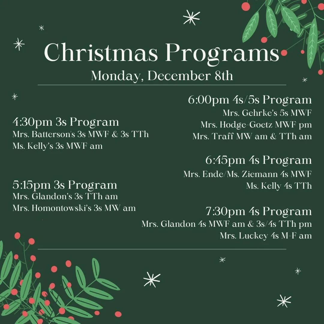 We hope you'll join us for our annual Christmas Programs! Additional details are available on our website calendar.