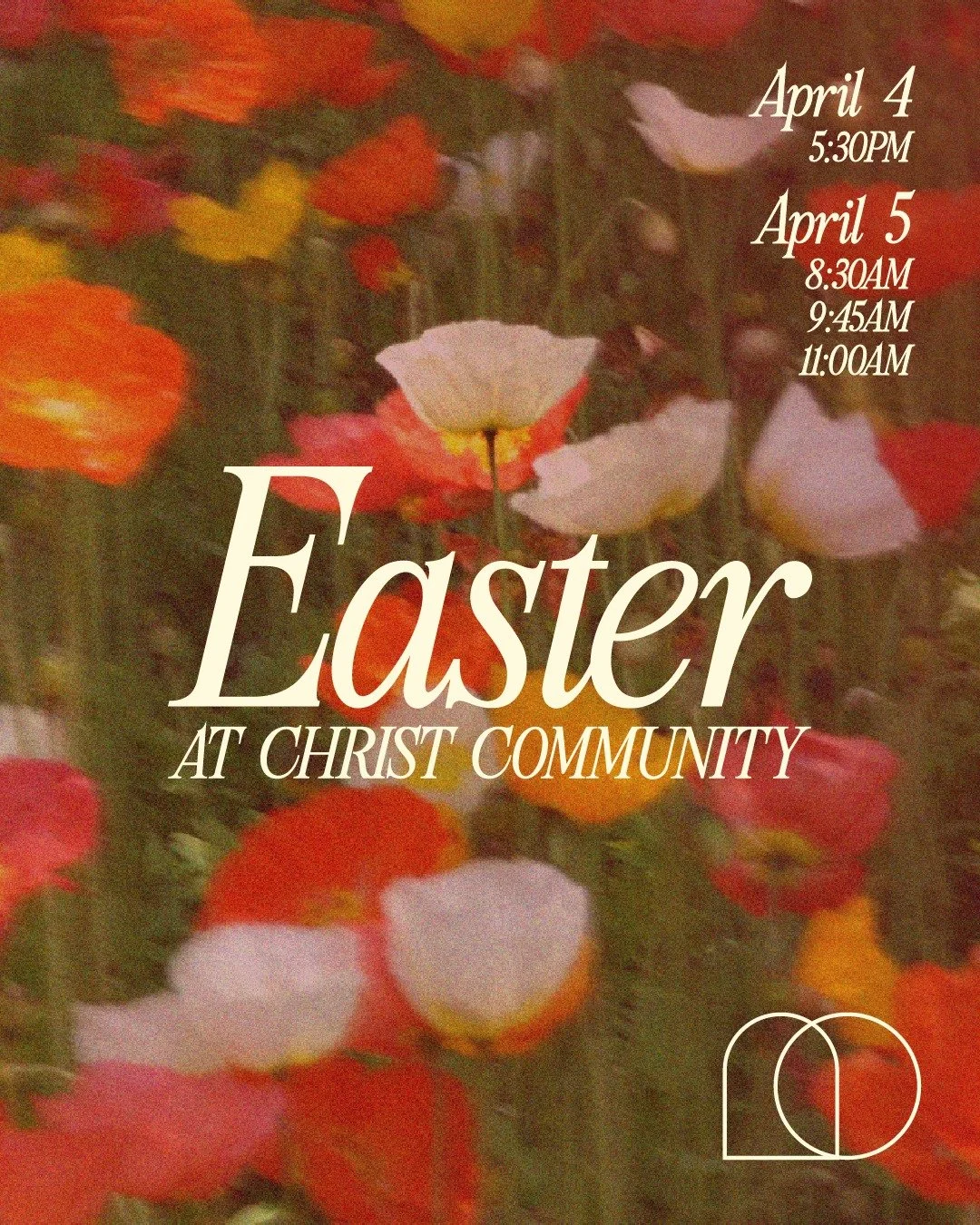 If you do not have a church family to celebrate with this weekend, we would love to see you at Christ Community Church! 

In-Person: Saturday, April 4 at 5:30pm and Sunday, April 5 at 8:30am, 9:45am + 11am
Online: Sunday, April 5 at 8:30am, 9:45am, +