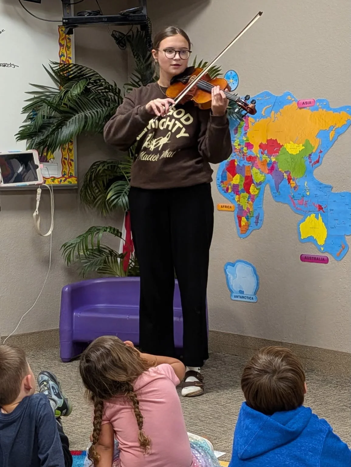 Today in Mrs. M&rsquo;s Creative Adventures class, students had a special visit from Ms. Riley and her violin, learning about its parts &amp; sounds, and even getting a mini concert!