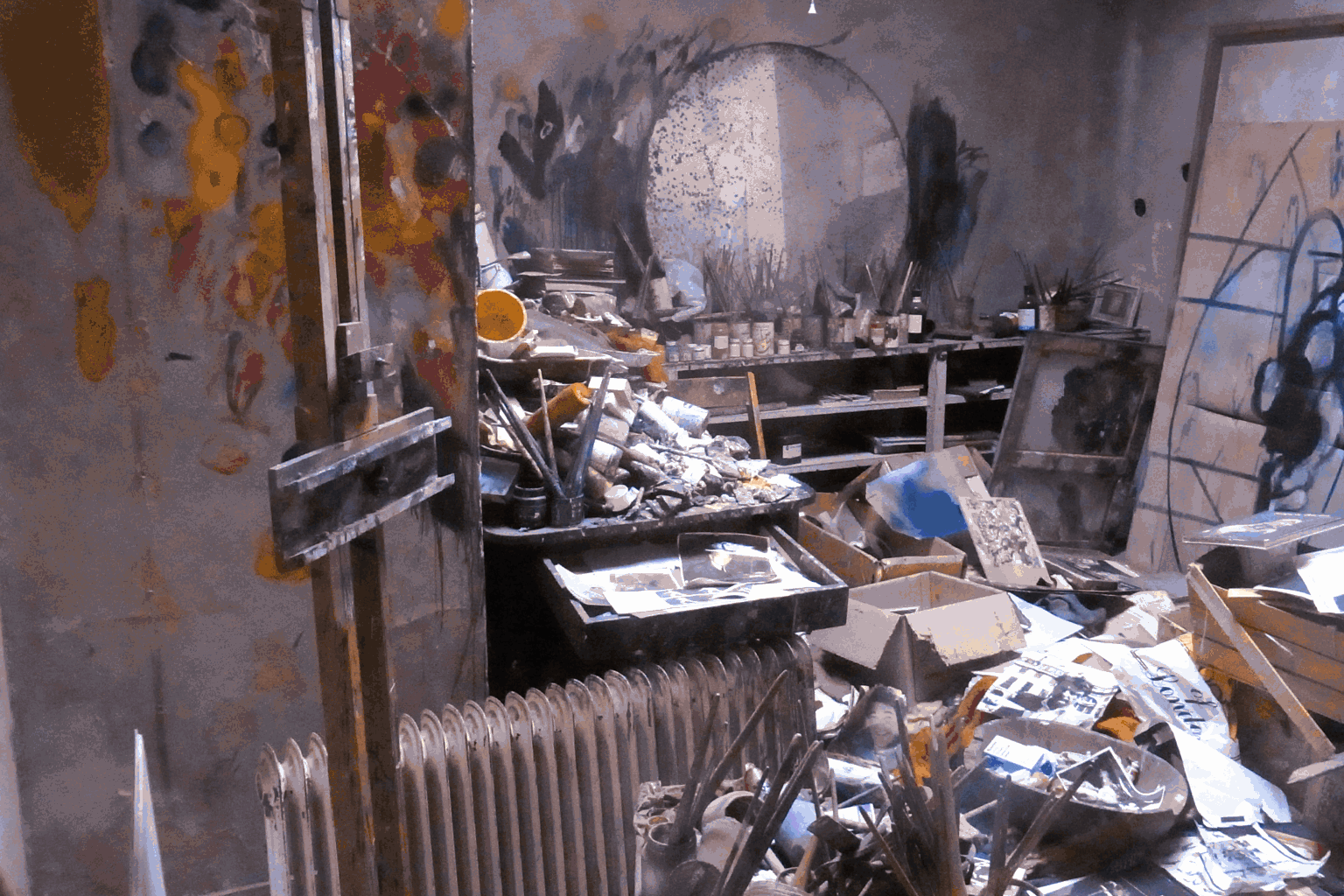 Francis Bacon's densely cluttered studio, filled with paintings, brushes, containers, photographs, boxes, and art materials.
