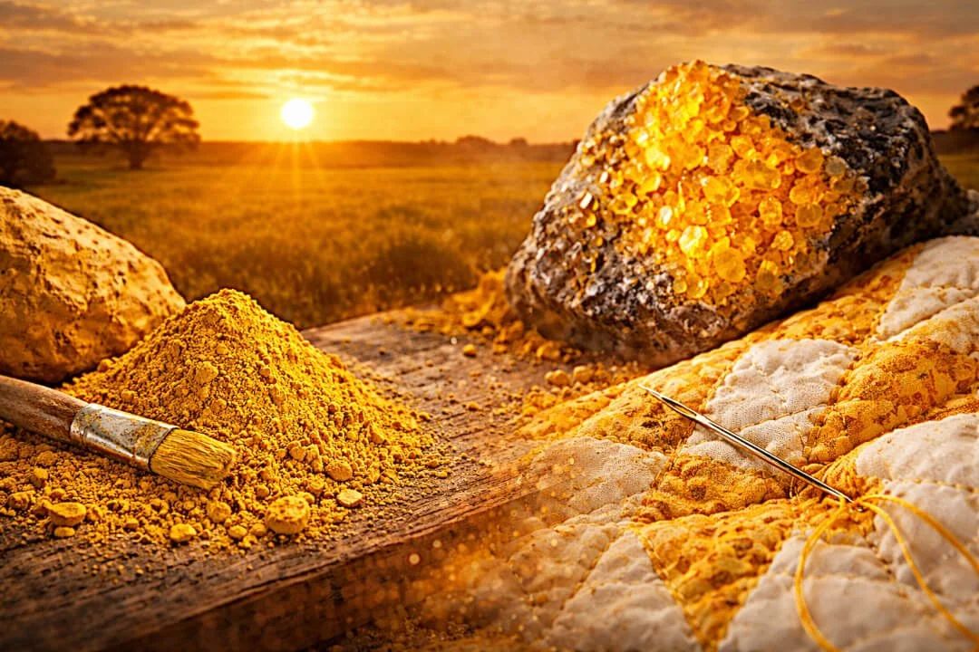 Yellow ochre pigment, a mineral specimen, and a quilt in warm sunset light over a field.