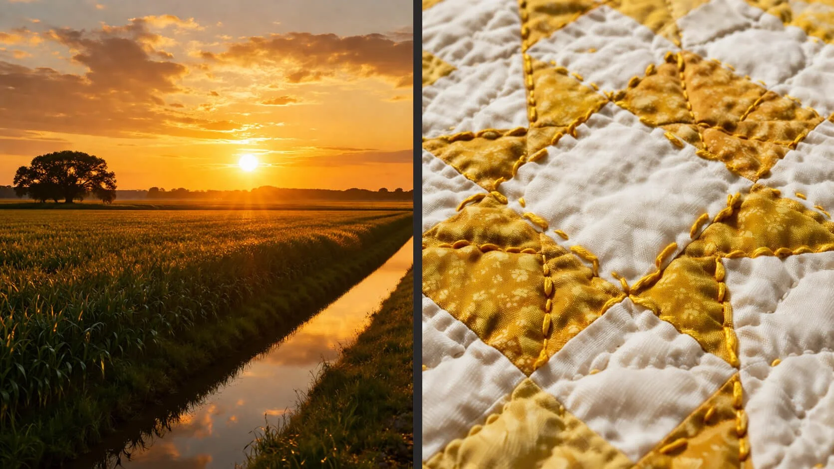 Golden sunset over farmland beside a close-up of a yellow and white quilt.