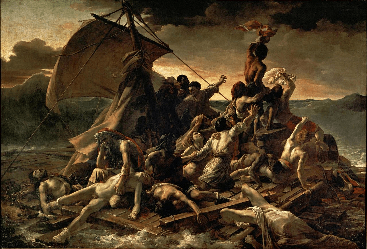 Théodore Géricault's The Raft of the Medusa depicting shipwreck survivors crowded onto a makeshift raft, struggling amid rough seas while signaling toward a distant rescue ship.