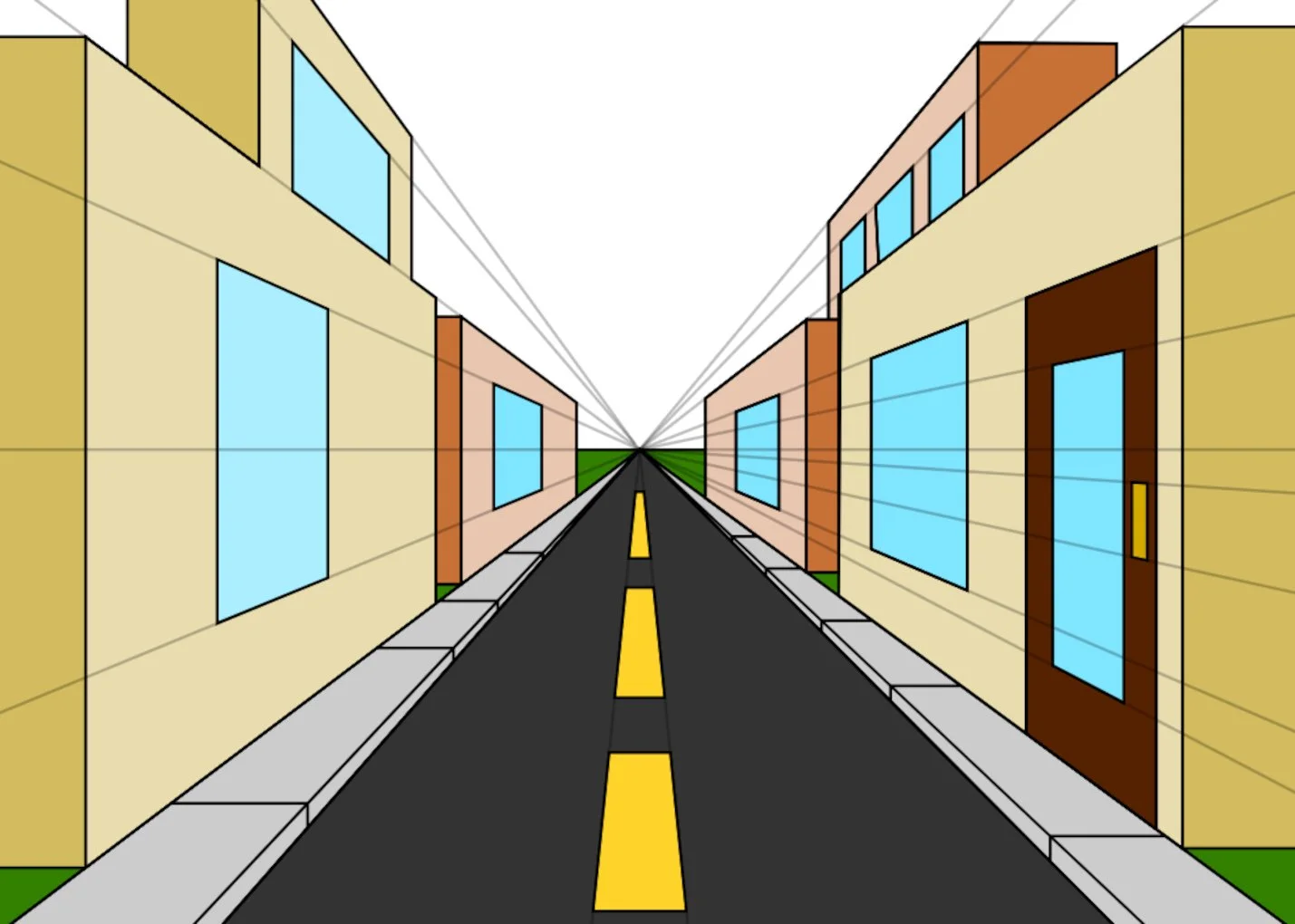 Diagram showing one-point perspective with lines converging toward a single vanishing point in a room-like space