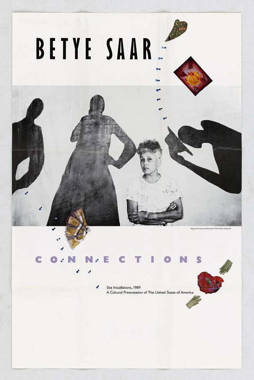 Poster for Betye Saar’s 1989 site installations, showing a black-and-white portrait of Saar surrounded by silhouetted figures, text, and small colorful collage elements.