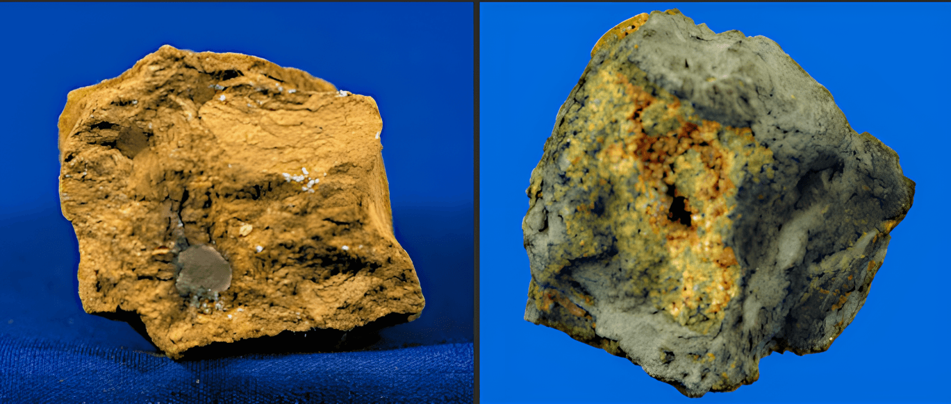 Two mineral samples side by side: a yellow ochre rock on the left and a yellow-orange mineral in gray stone on the right.