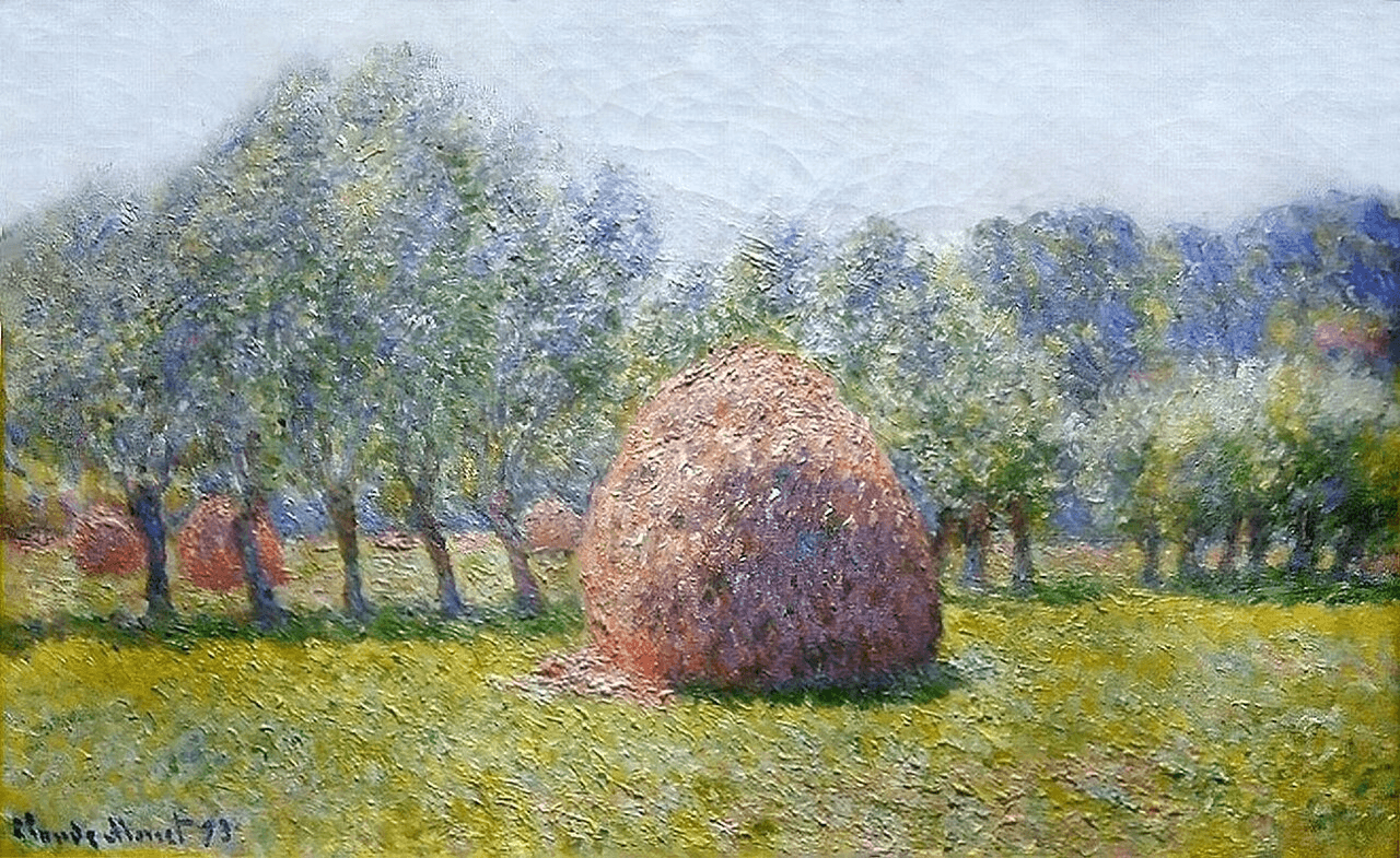 Claude Monet's Haystack (1893), an Impressionist landscape showing a solitary haystack surrounded by trees, rendered with loose brushwork and shifting colors that emphasize light and atmosphere.