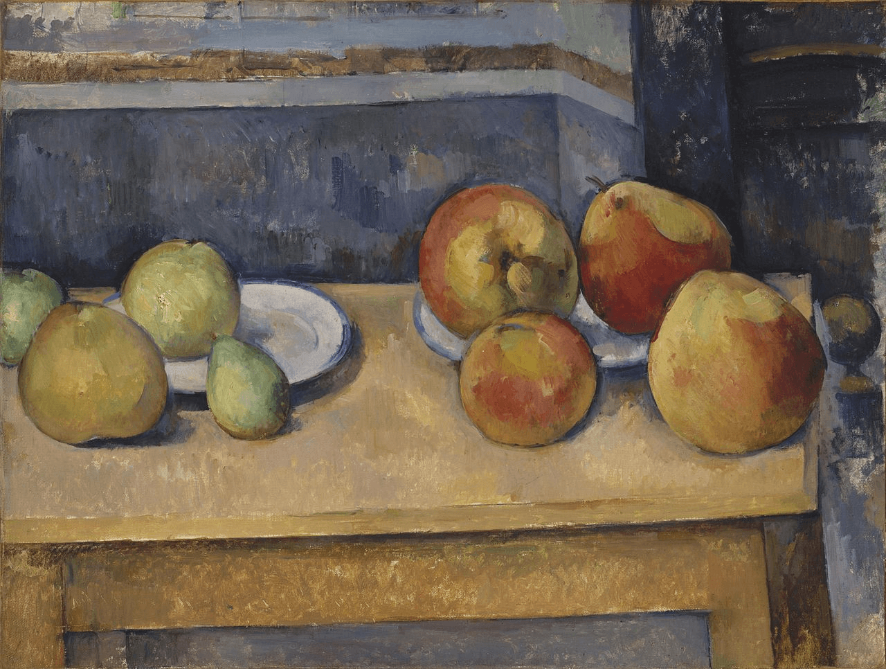 Paul Cézanne's Still Life with Apples and Pears, depicting fruit arranged on a tabletop with subtly distorted perspective and shifting spatial relationships that challenge traditional Renaissance realism.