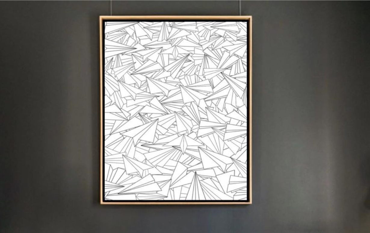 Minimalist framed artwork suspended against a dark wall in a contemporary floater frame with visible spacing around the canvas edges.