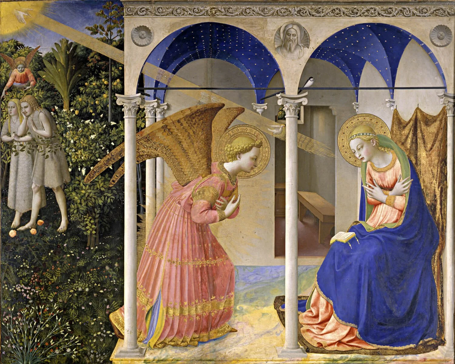 Fra Angelico’s Annunciation showing the angel Gabriel kneeling before the Virgin Mary beneath a columned arcade, with a garden scene at left.