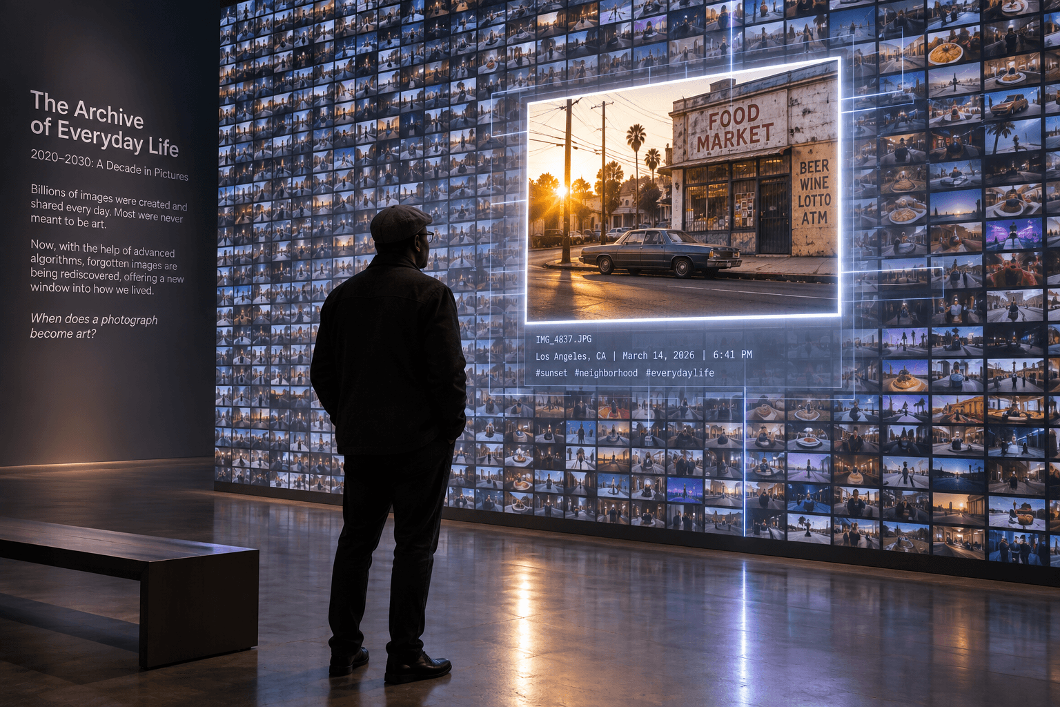 A museum visitor stands before a large framed photograph of an ordinary neighborhood market, parked car, utility pole, and pedestrian displayed as a work of art.