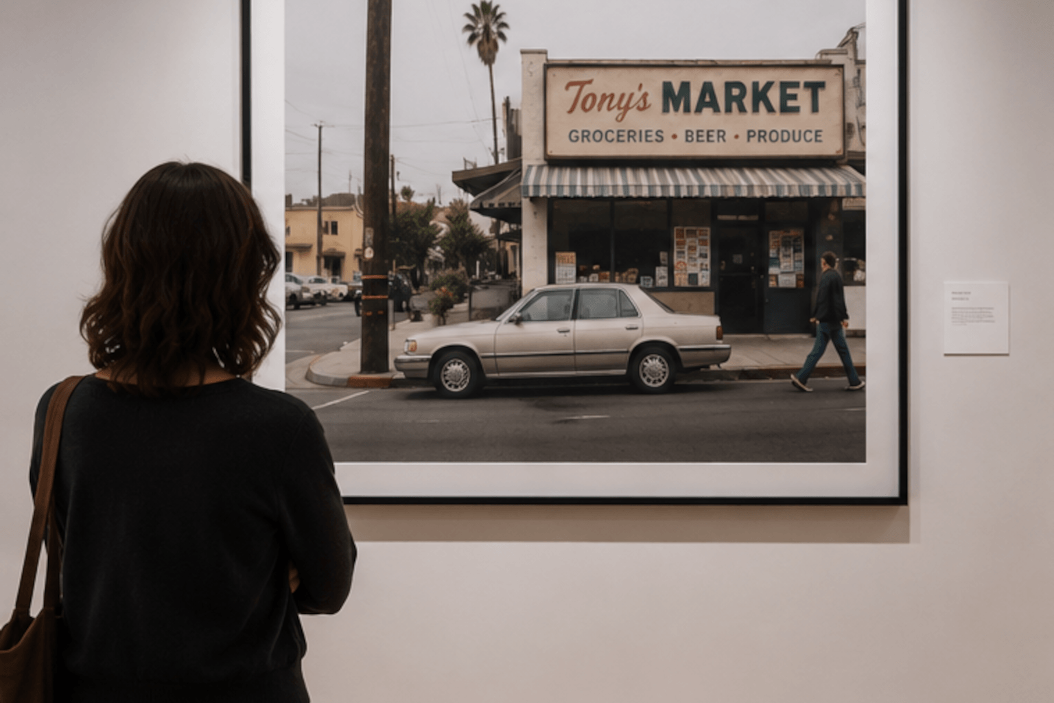 A museum visitor stands before a large framed photograph of Tony’s Market, showing a neighborhood grocery store, a parked car, utility poles, a palm tree, and a pedestrian.