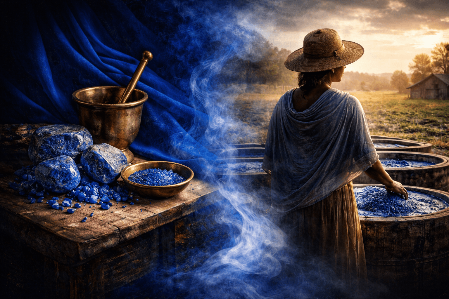 Split scene of ultramarine pigment and lapis stones beside a woman dyeing fabric in indigo vats at sunset.