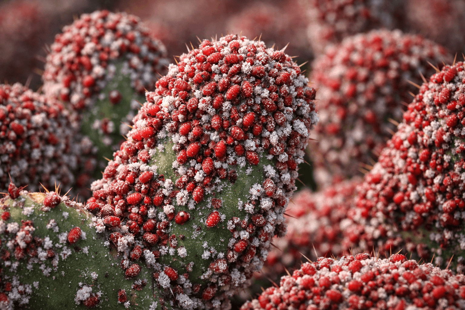 Cochineal insects densely clustered on a prickly pear cactus, used to produce red dye.