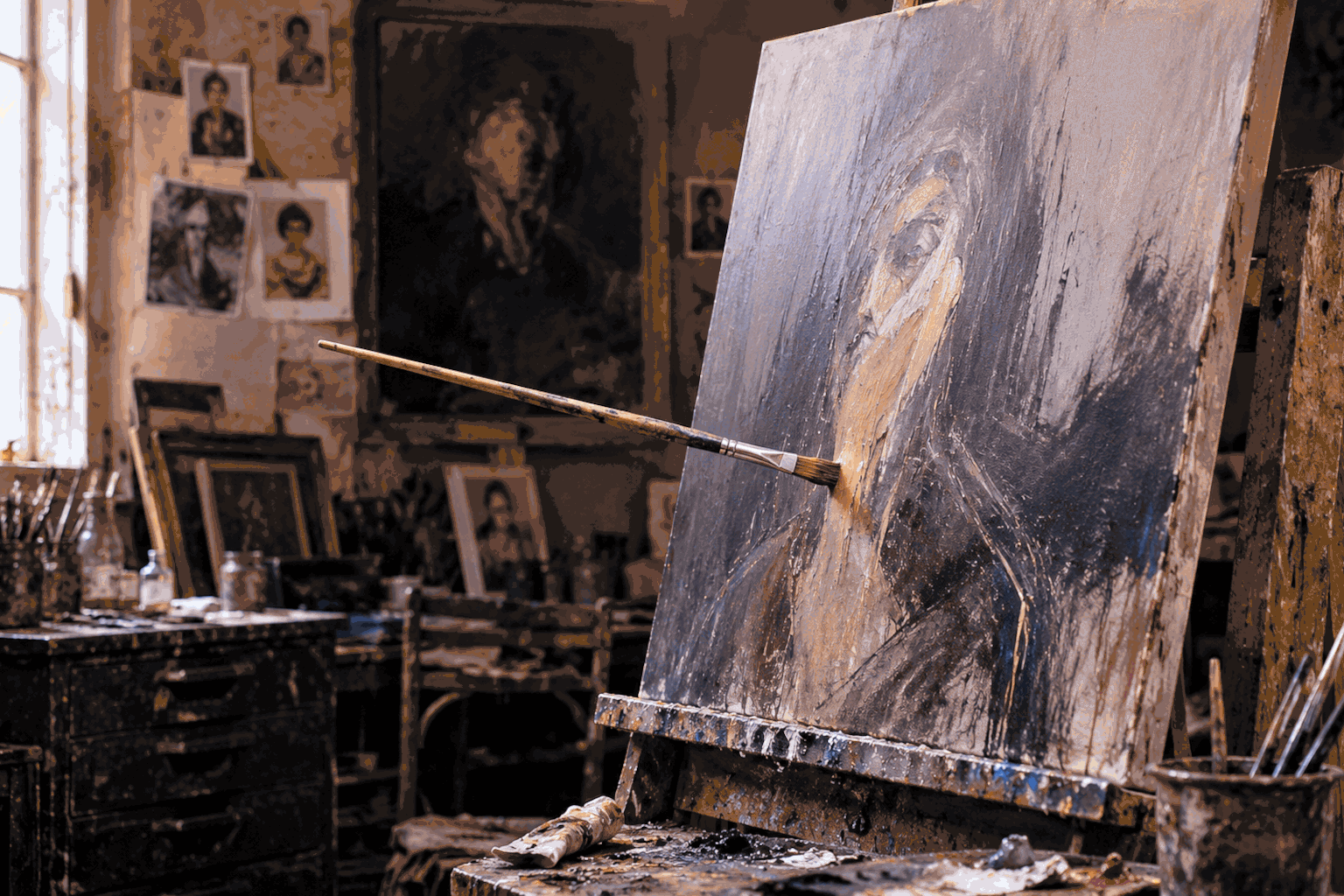 An empty artist’s studio with a paintbrush suspended against an unfinished painting on an easel, as though painting without a visible human hand.
