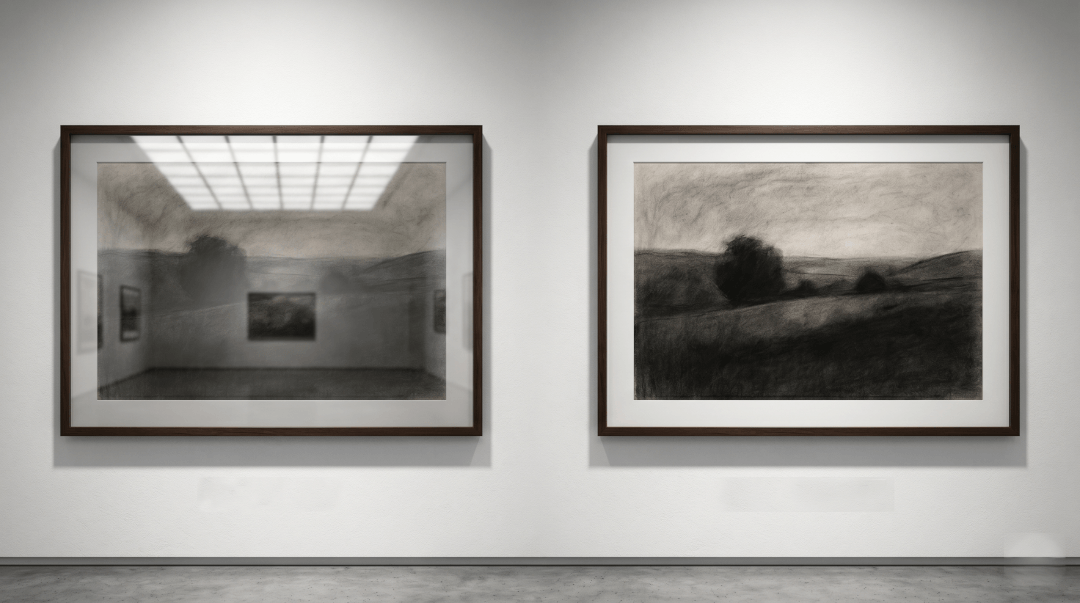 Side-by-side comparison of two framed landscape artworks on a museum wall, showing heavy reflections on standard picture glass at left and clear visibility through anti-reflective museum glazing at right.