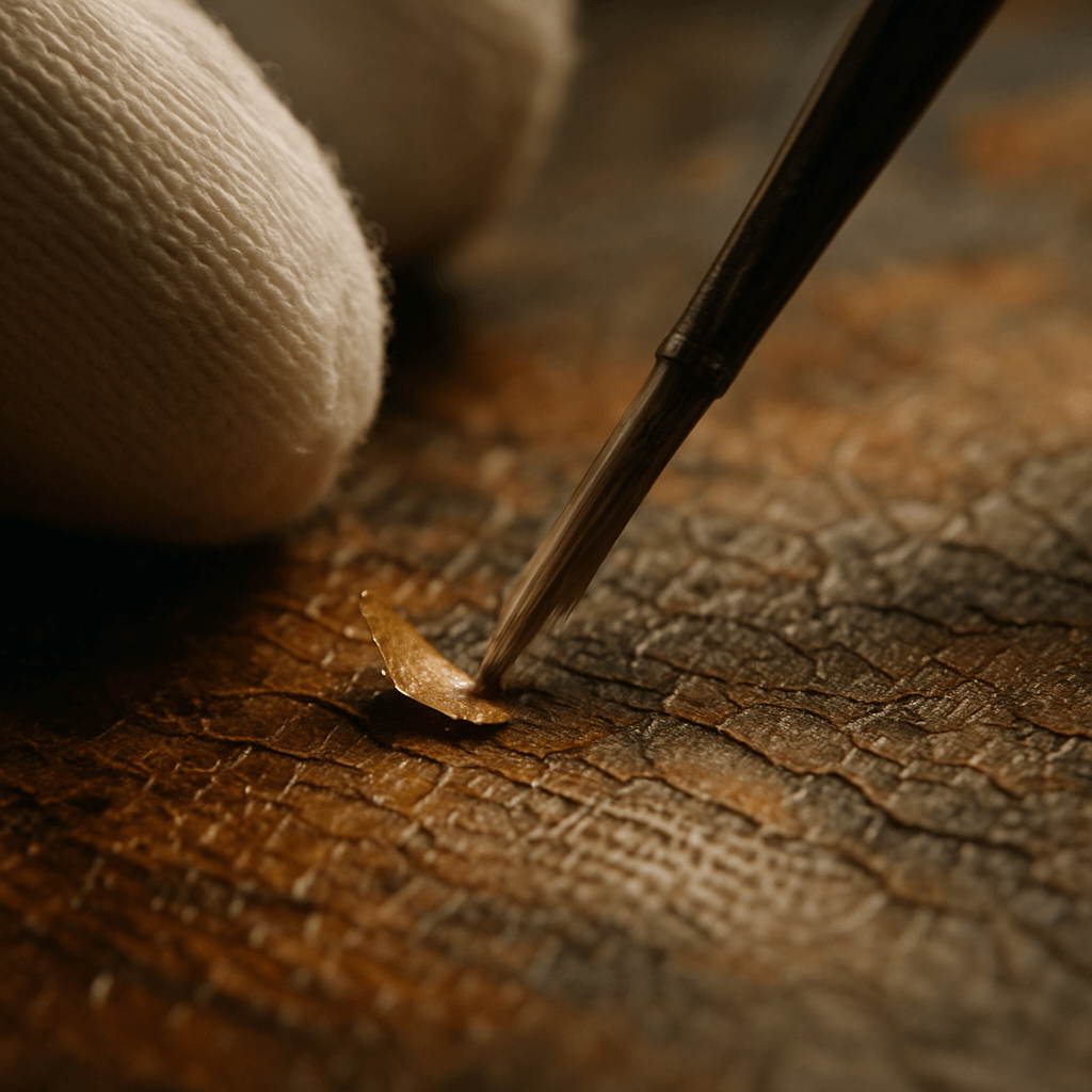 Extreme close-up of a conservator’s gloved hand and fine brush reattaching a small paint flake to a cracked, textured canvas. The image highlights the delicate nature of art restoration work.