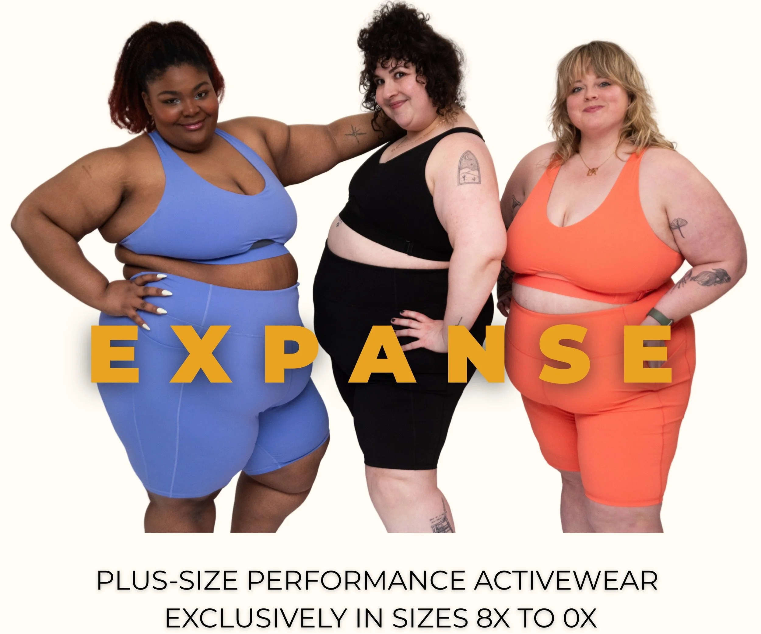 Three women wearing plus-size performance activewear in blue, black, and orange, standing together with their hands on their hips, smiling against a white background. The word 'EXPANDSE' is overlaid in large yellow letters, and below, text reads 'Plus-size performance activewear exclusively in sizes 8X to 0X.'