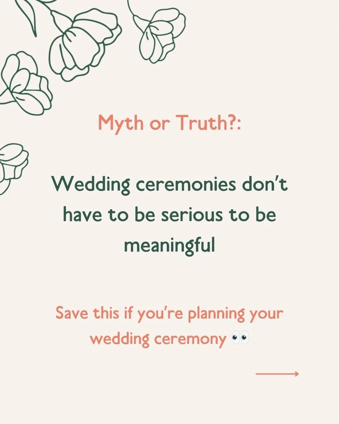 One of the biggest wedding myths I see is that meaningful has to mean serious.

Your ceremony can be warm, emotional, funny AND deeply personal all at once.
In fact, those are usually the ones guests remember most.

Save this if you&rsquo;re planning