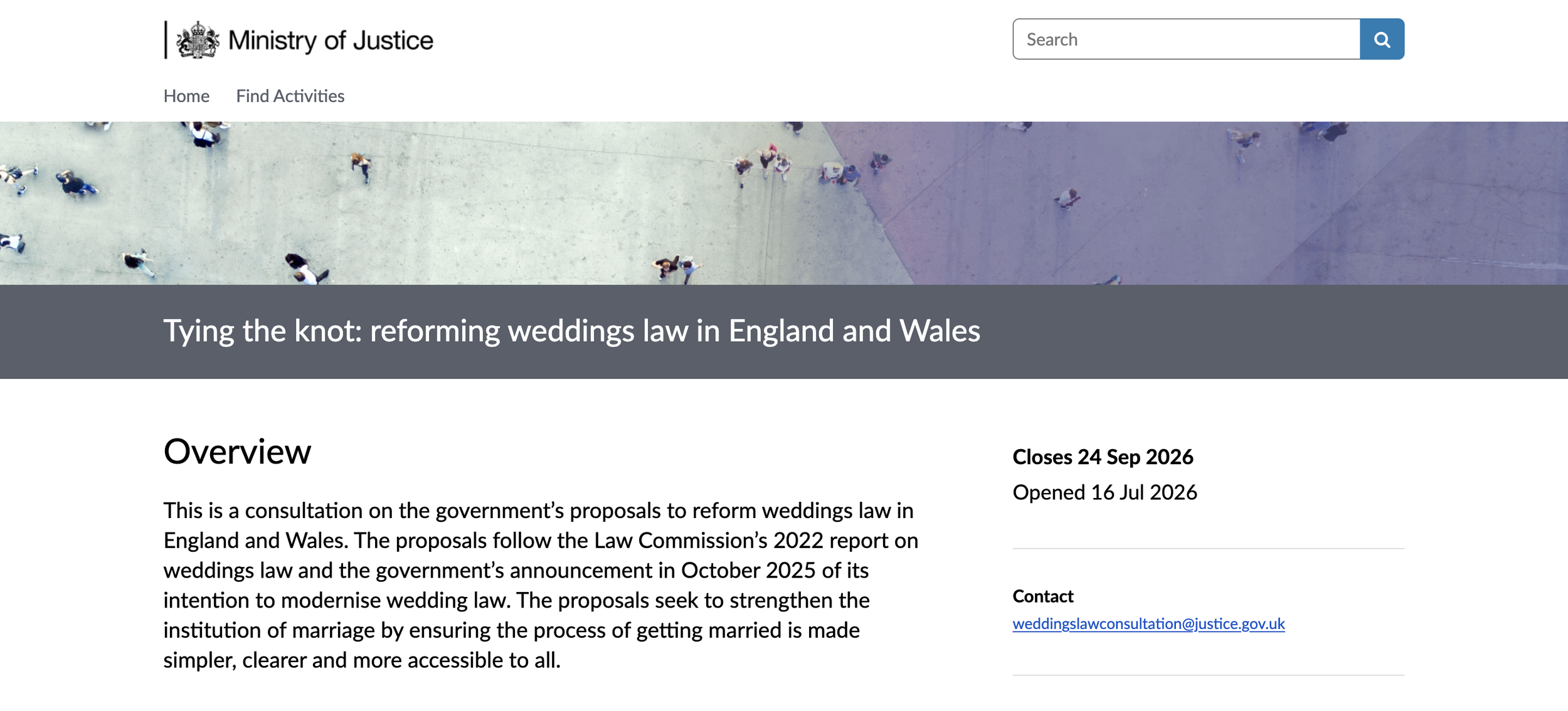 Screenshot of Ministry of Justice survey page for marriage reform consultation