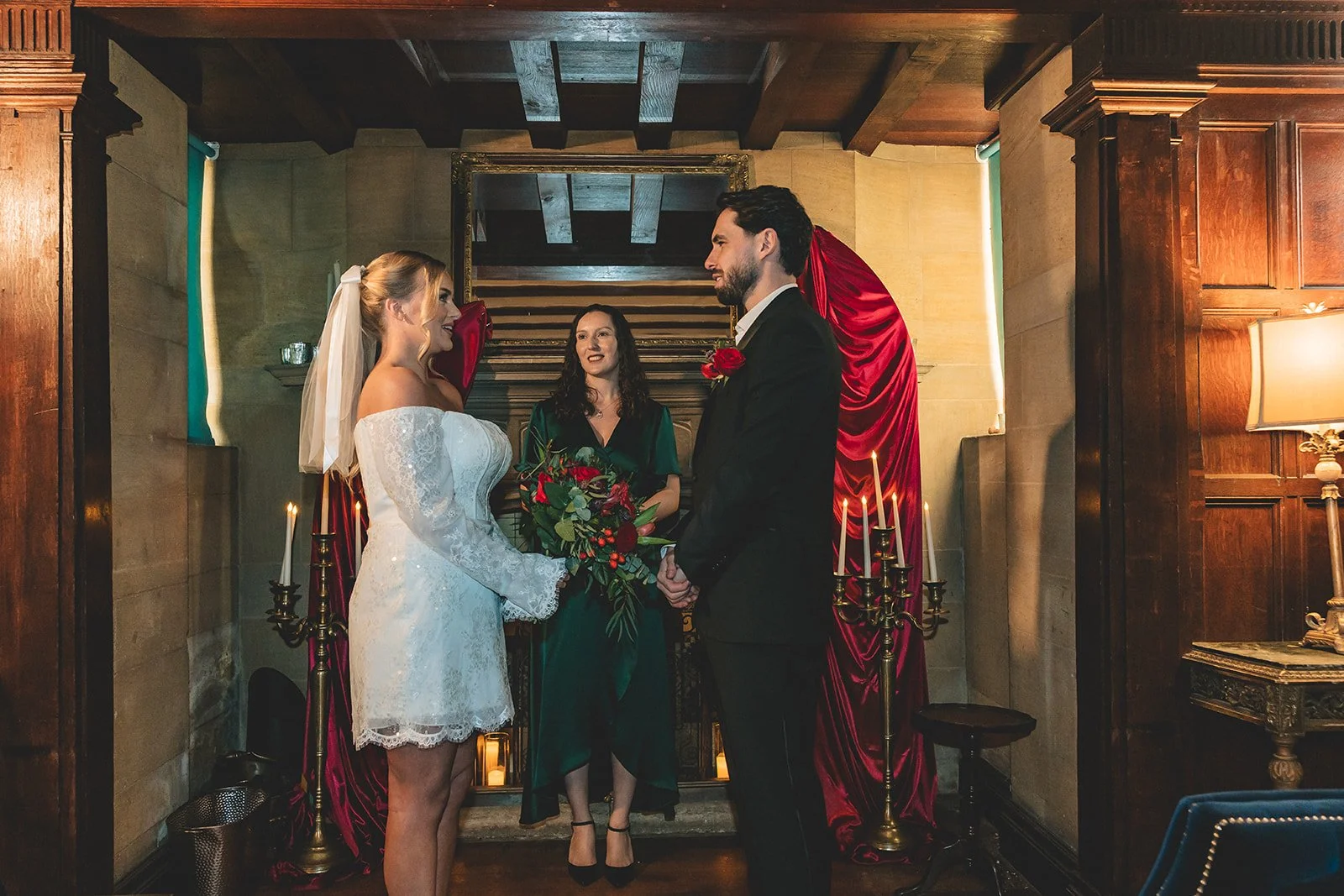 Bride in short dress in celebrant led ceremony with groom in suit