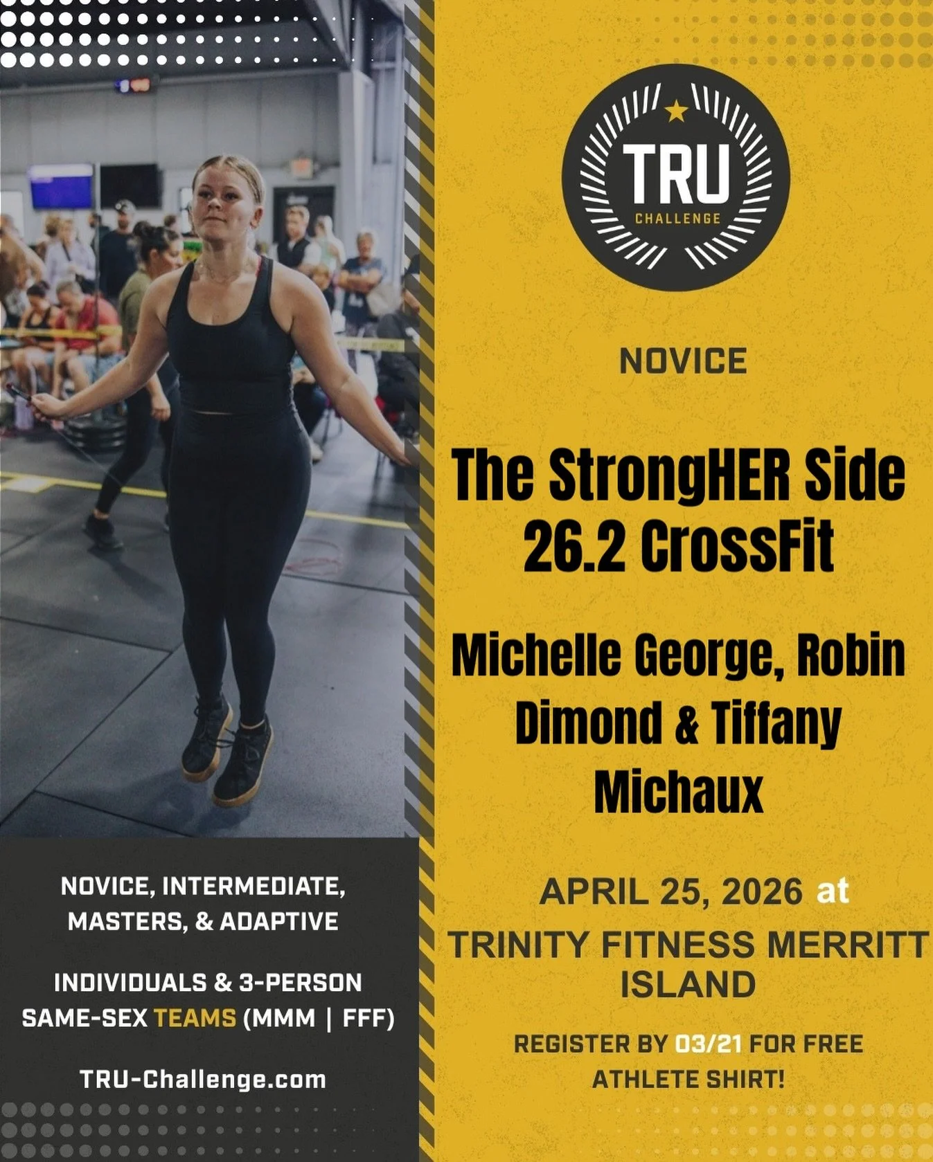 🏋🏼&zwj;♀️🏋🏼&zwj;♀️🏋🏼&zwj;♀️Another team is locked in!
The StrongHER Side &mdash; Michelle, Robin and Tiffany of @26point2crossfit &mdash; are officially registered for Female Novice Trio at the TRU Challenge. Let&rsquo;s go!