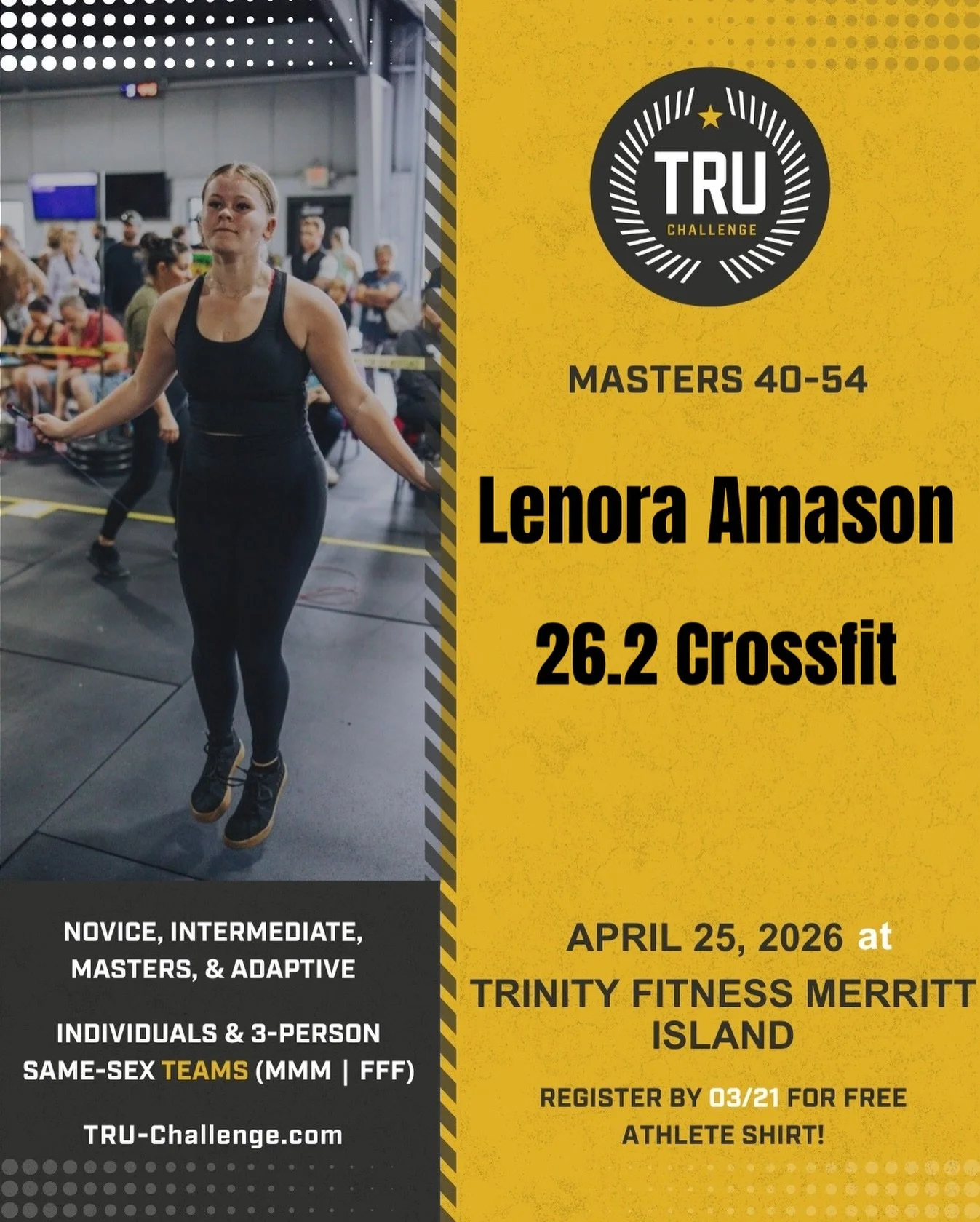 🔥 Athlete Announcement 🔥

Lenora Amason from @26point2crossfit is stepping onto the competition floor and taking on the Female Masters Division! 💪

Strong. Focused. Ready.

See you on the competition floor, Lenora! 👊 @thetruchallenge