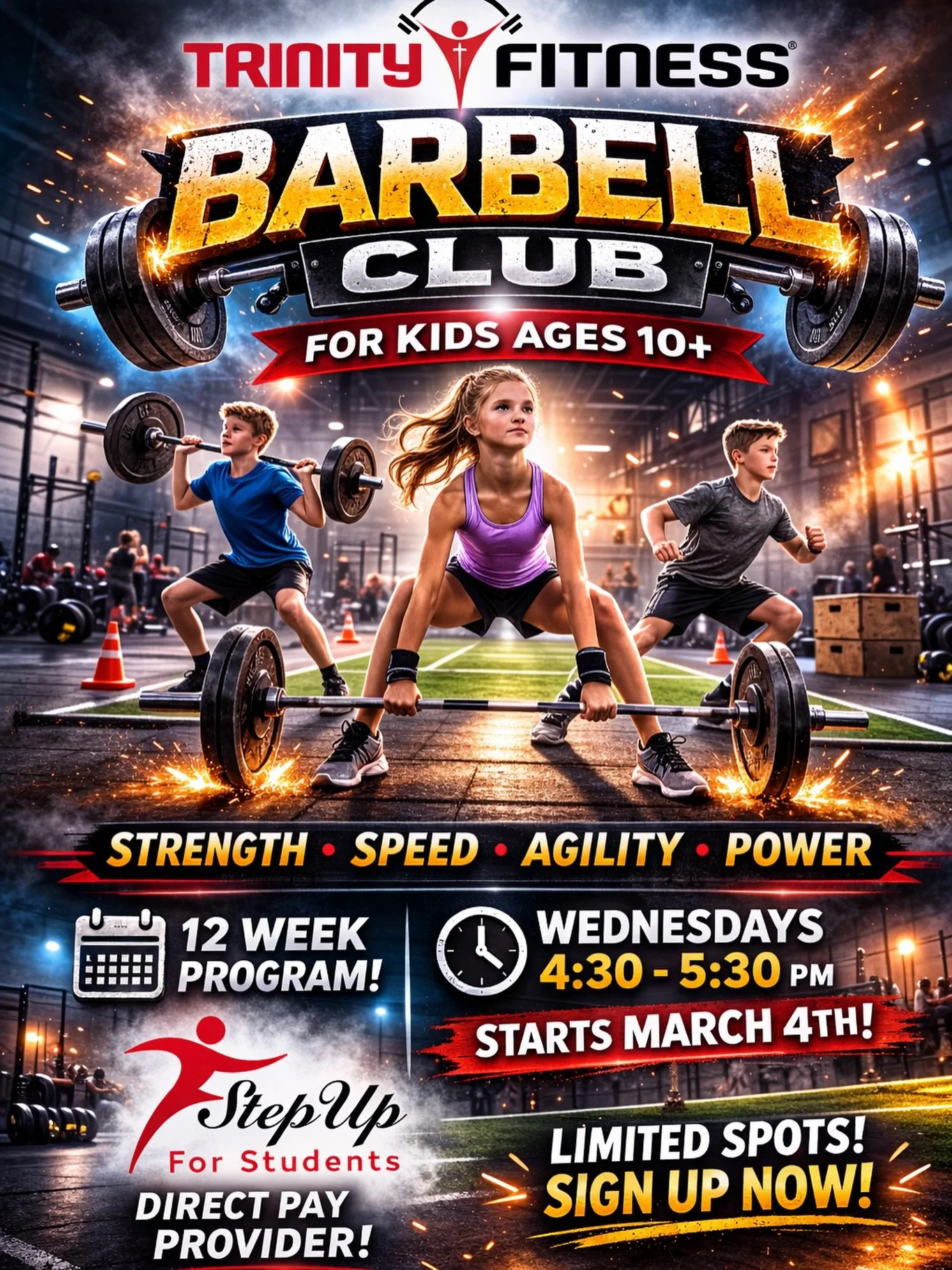 🔥 BARBELL CLUB IS HERE! 🔥

Trinity Fitness is launching Barbell Club &mdash; a 12-week strength program designed just for kids ages 10+ 💪

This isn&rsquo;t just working out. This is building:
🏋️ Strength
⚡ Speed
🏃 Agility
💥 Explosive power
🧠 C