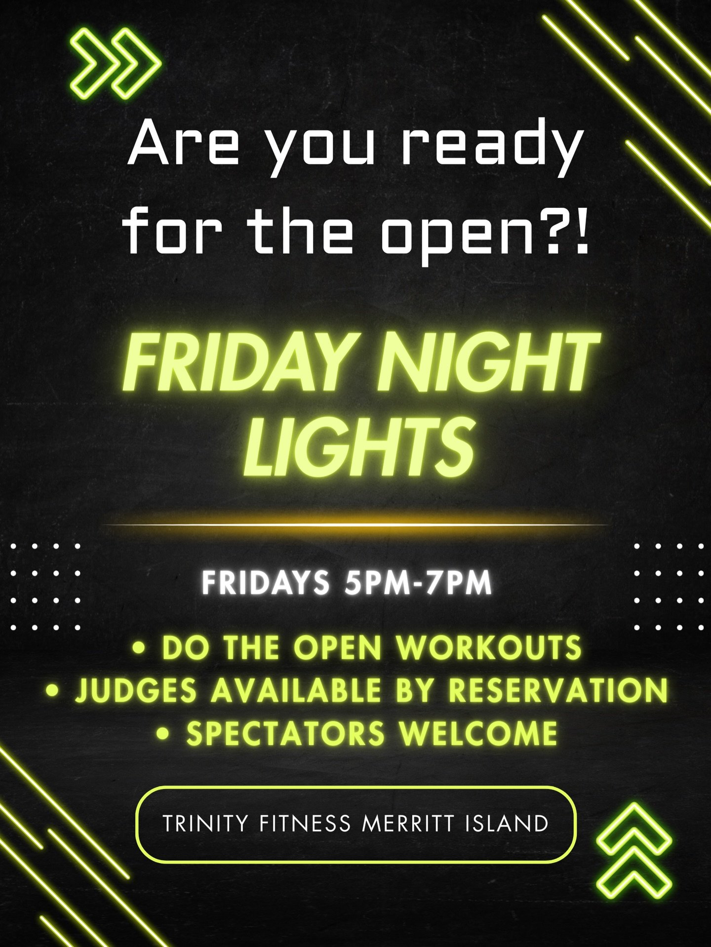 Are you ready for the Open?! Join us for our first of many Friday Night Lights! This is a free event open to all! BUT if you&rsquo;re needing a judge please reserve on push press or send us a message to secure a heat time. Limited availability 😉