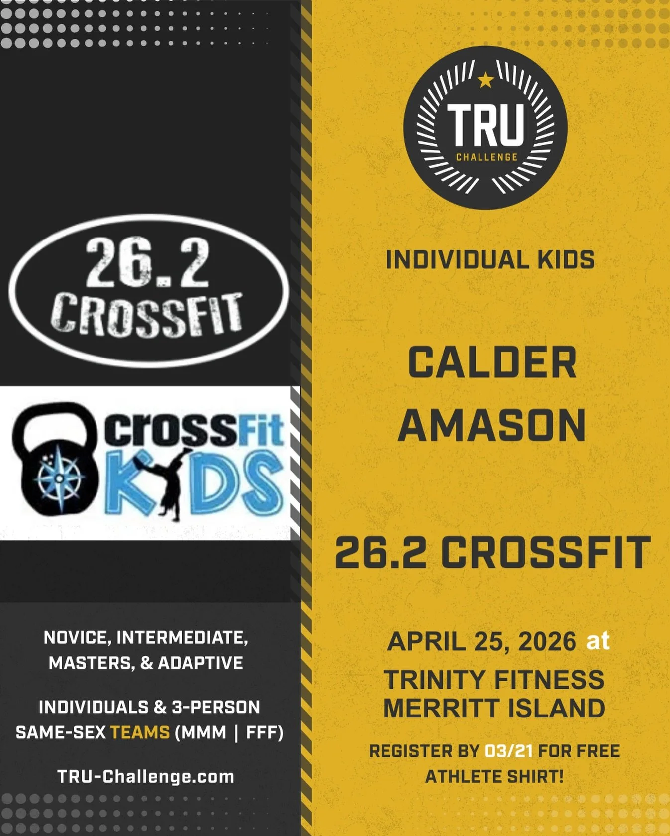 Individual Kids Athlete CONFIRMED! 💪🏻 Calder Amason is ready for a sibling rivalry on the comp floor. The Amason brothers are representing @26point2crossfit 🙌🏻