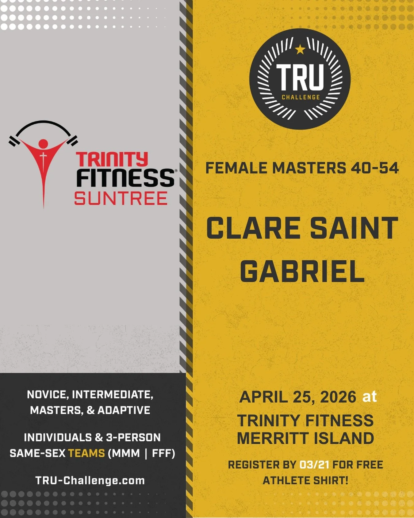 Representing @trinityfitness_suntree Clare Saint Gabriel!! Female Masters 40-54 let&rsquo;s GO 💪🏻 @thetruchallenge