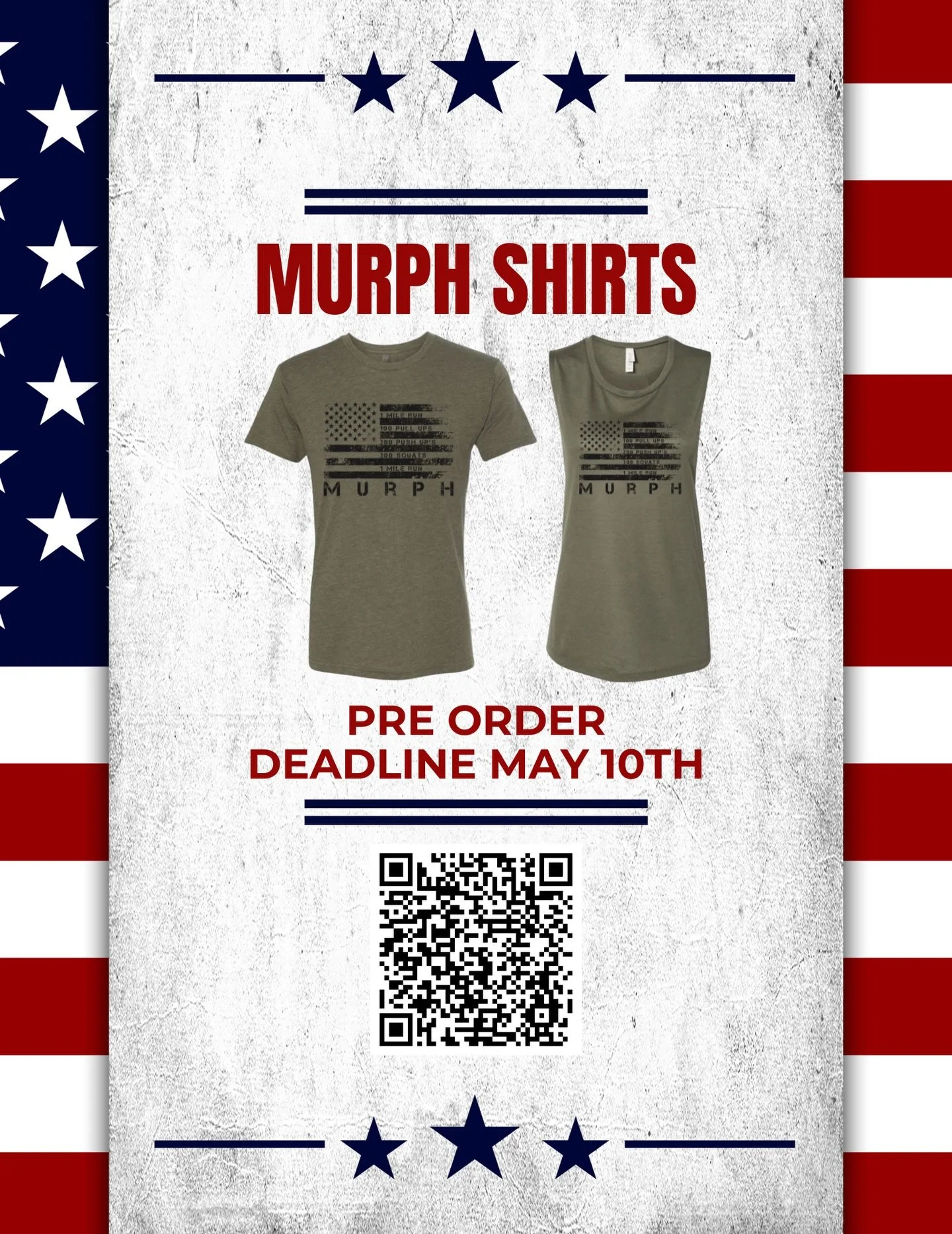 Pre-order your Murph Shirt to guarantee your size! Will you be joining us this year to take on the challenge?! May 25th 8:00am 🇺🇸