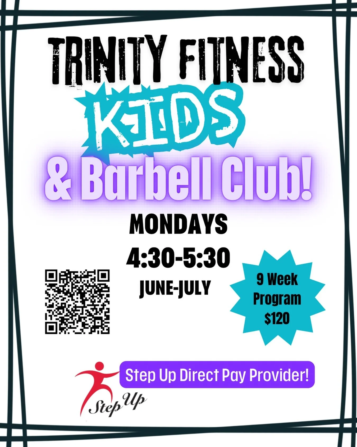 Summer Program for TF Kids and Barbell Club starts NEXT WEEK! Please use the QR code to sign up for TF kids or use your step up direct pay option (directions are on our website if you need help). For Barbell Club please send us a DM! Space is limited