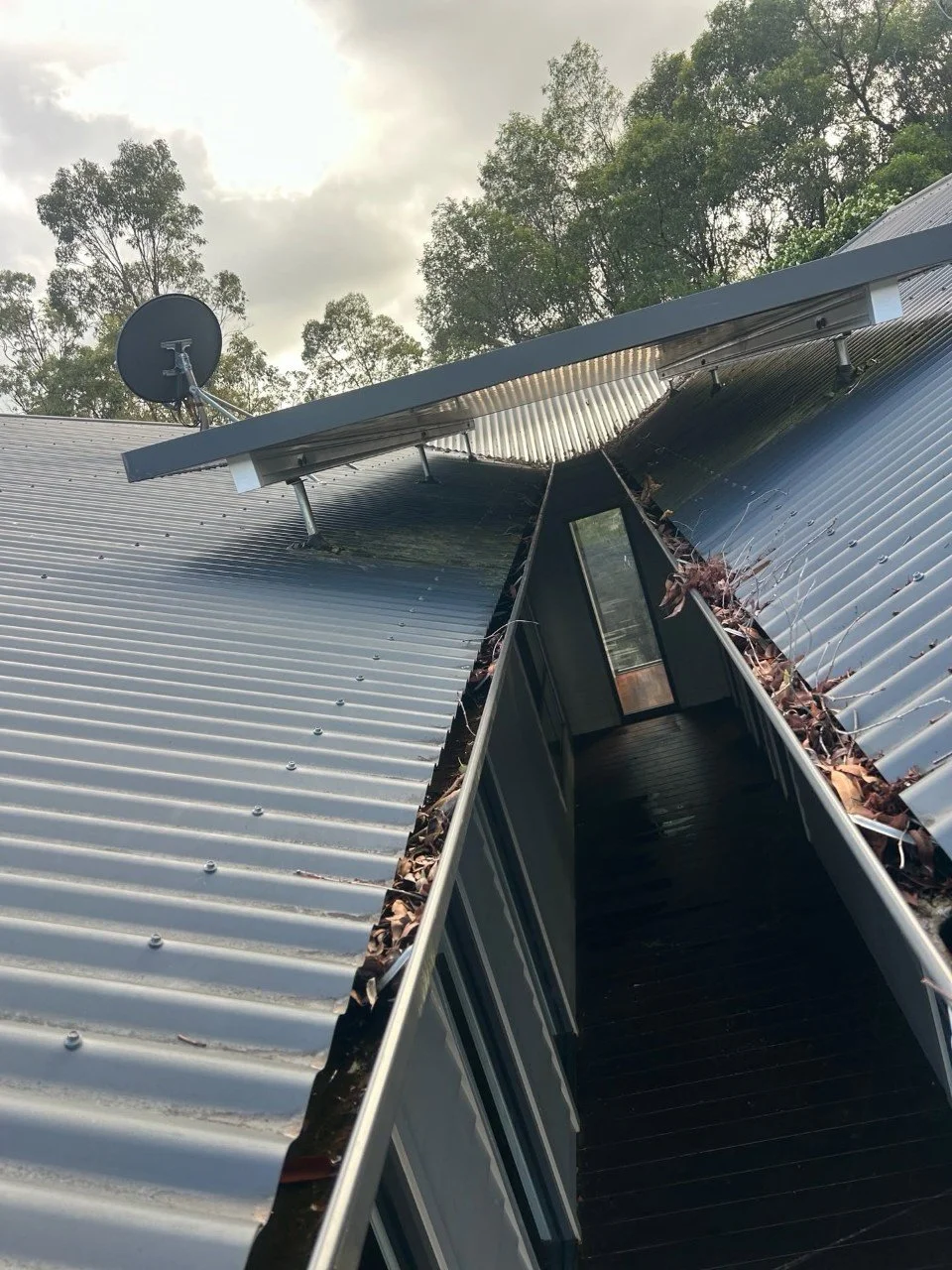 Metal roof with a cutout hallway in the middle, leaves around the edges, a satellite dish, and trees with a cloudy sky in the background.