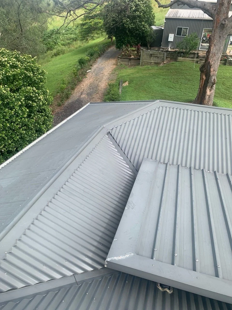 Close-up of a grey corrugated metal roof with a small section lifted at the corner. In the background, there is a gravel driveway, greenery, and a small black house with white trim.
