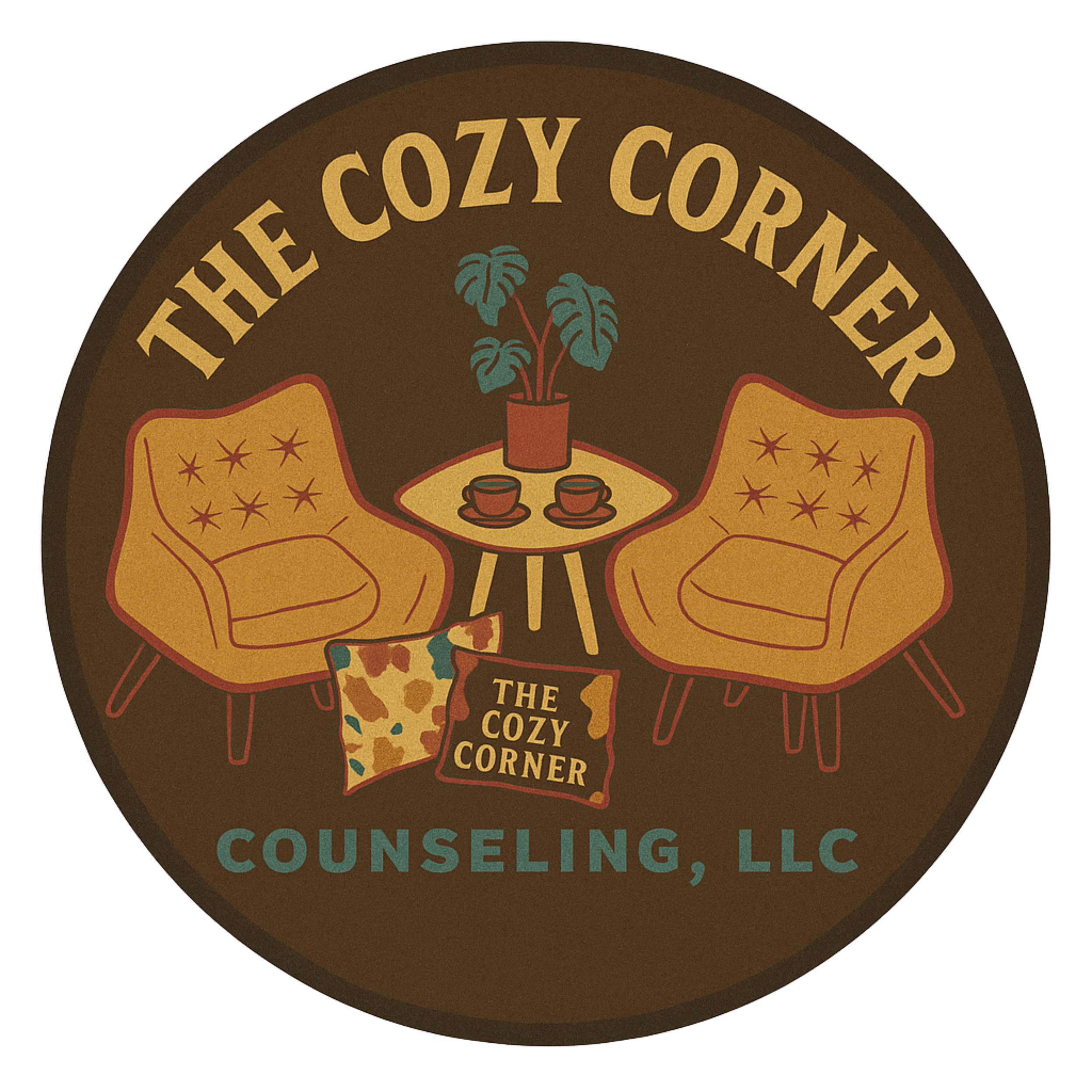 Round logo for 'The Cozy Corner Counseling, LLC' featuring two mustard-colored armchairs facing each other, a small table with two coffee cups and a potted plant, with the words 'The Cozy Corner' curved at the top and 'Counseling, LLC' at the bottom.