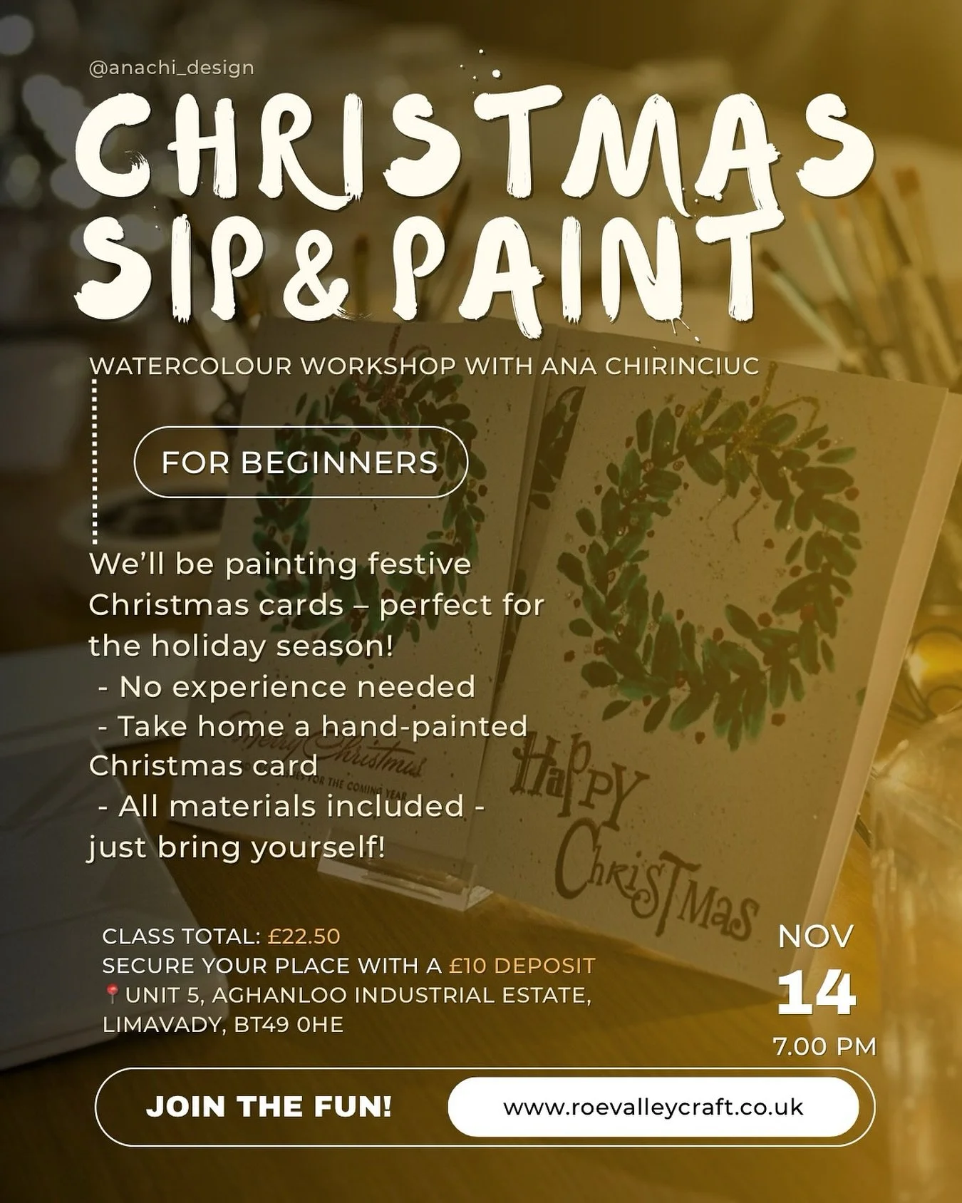 ๐จChristmas Watercolour Card Workshop โจ
Join us for a cosy, festive evening of creativity at @craft_collective_roevalley , Limavady on Friday, 14th November at 7pm ๐
This beginner-friendly workshop is the perfect way to unwind and try something new