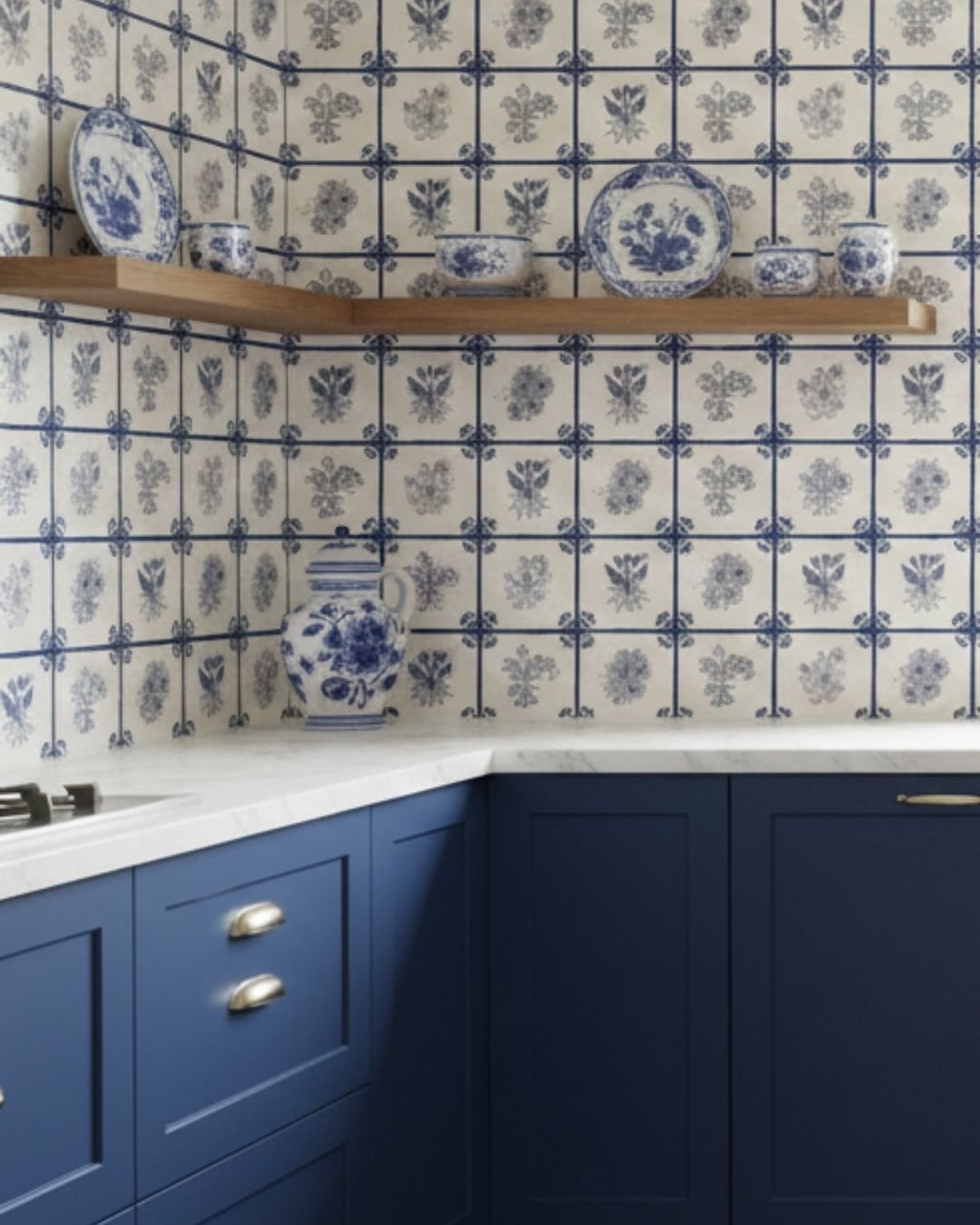 🟦 This is my entry for the Delft Tiles Design Challenge on @spoonflower 🟦
This design came together using some of my older botanical sketches, all inspired by flowers from our own garden &mdash; bluebells, lupins, daisies and nasturtiums 🌼🌿
It fe