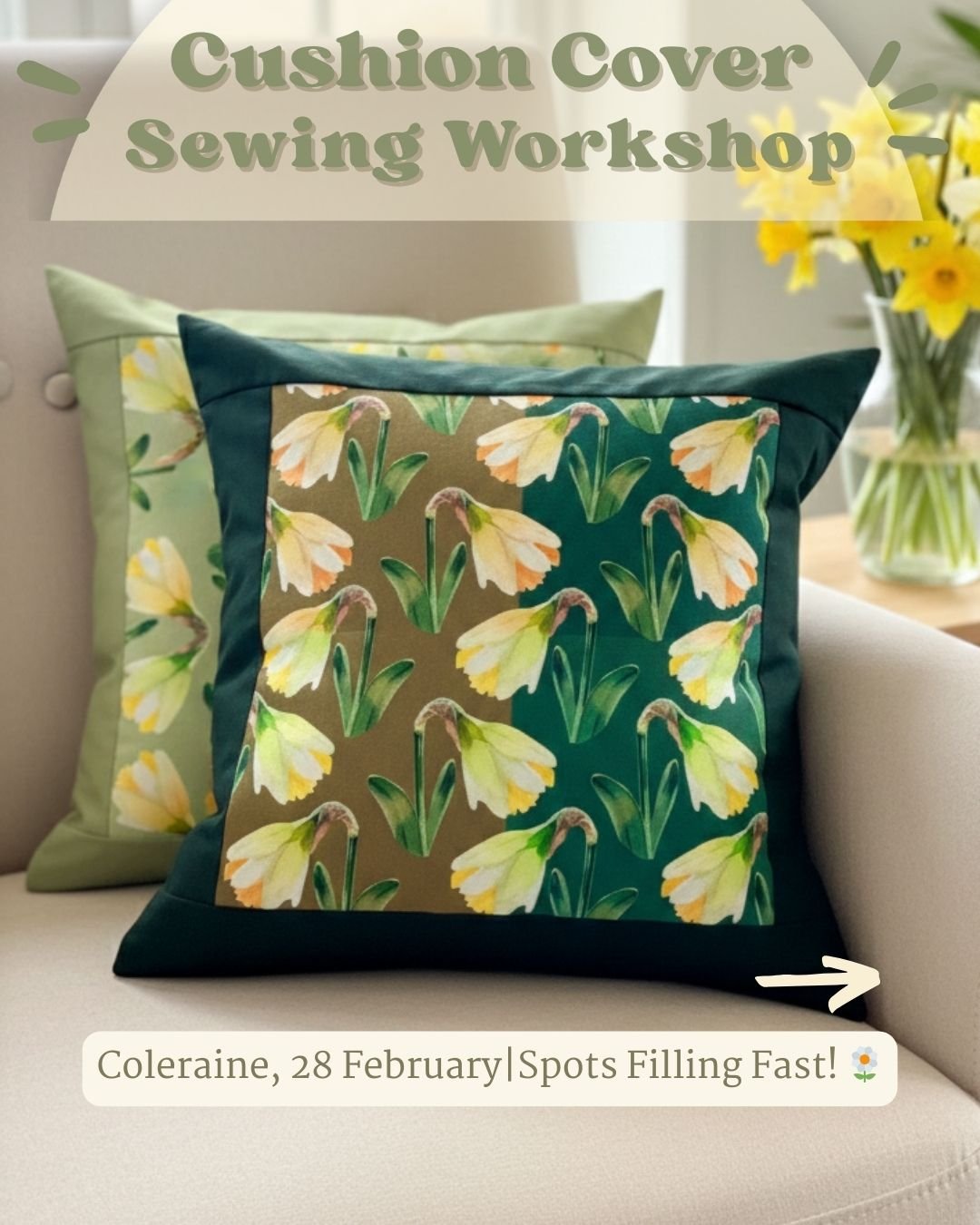 Spring hasn&rsquo;t arrived yet&hellip; but the daffodils have, well, on our cushion covers 🌼😉
Say hello to our Spring Floral Cushion Cover Sewing Workshop!

Join us for a cosy, hands-on sewing session where you&rsquo;ll learn how to make a beautif