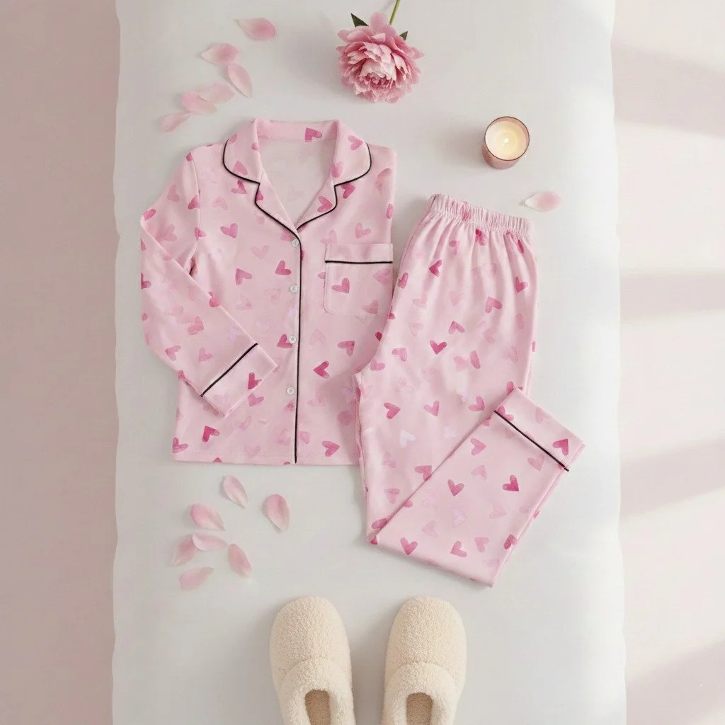 💗Still dreaming of wearing pyjamas made with this pink hearts design 
I&rsquo;d absolutely love to make a set for myself one day, I just need to level up my sewing skills first 😄✂️

💗If you know how to sew (or are learning!), this fabric is availa