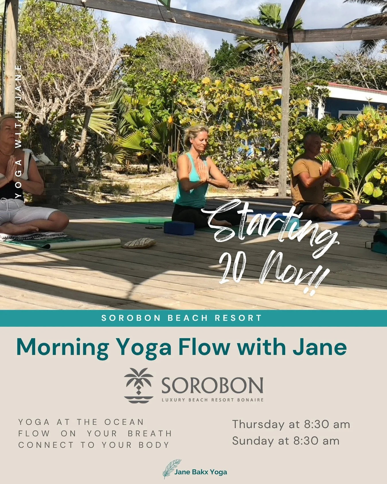 I am very excited to share that Yoga at the ocean with me at Sorobon Luxury Beach Resort will be back this coming high season!! Practising Yoga while feeling the wind on your skin, breathing the healthy salty air and overlooking gorgeous Lac Bay.

I 