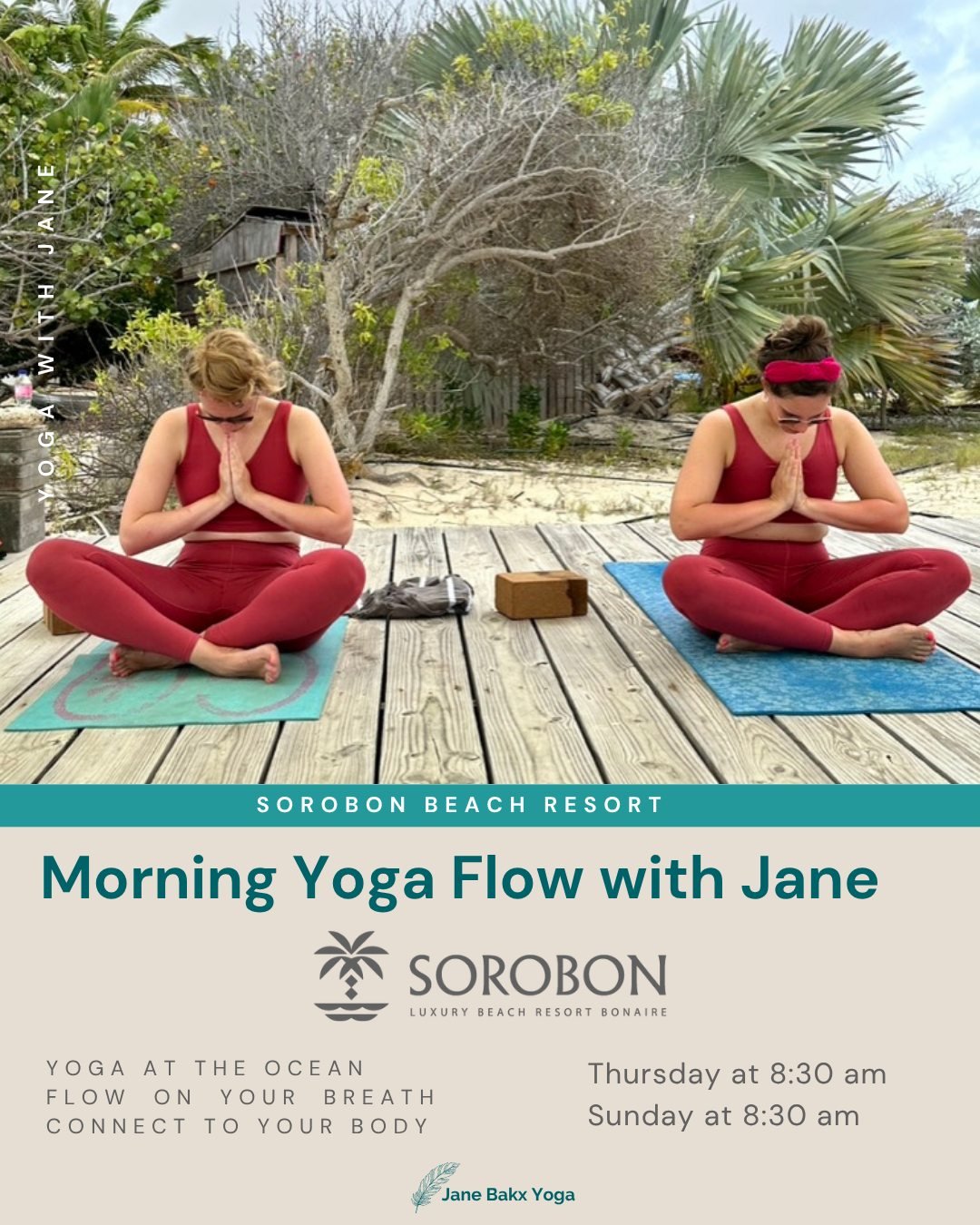 If you&rsquo;re looking for a refreshing way to start your day on Bonaire, come join me for Flow Yoga at Sorobon Luxury Beach Resort.
We practise outside on the beach, overlooking Lac Bay. You&rsquo;ll be moving while breathing in the fresh air and e