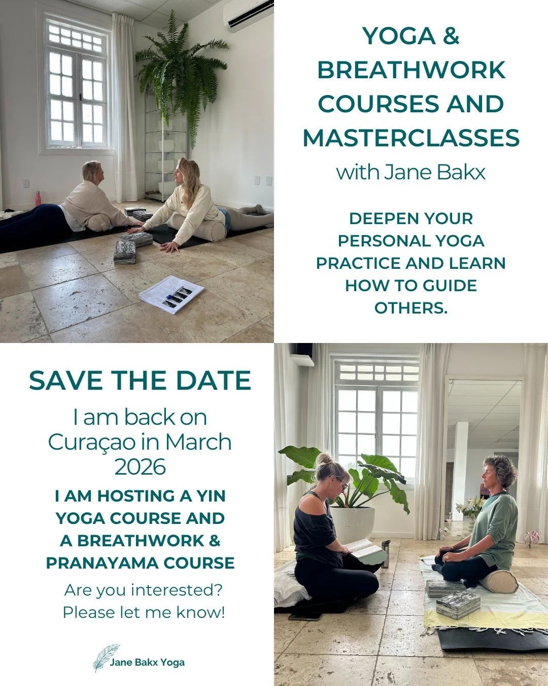 SAVE THE DATE ~ Cura&ccedil;ao
I&rsquo;ll be back in March 2026 to host two in-depth courses:

&bull; 50h Yin Yoga course
&bull; 30h Breathwork &amp; Pranayama course

Both courses are thoughtfully structured, combining practice and theory with time 