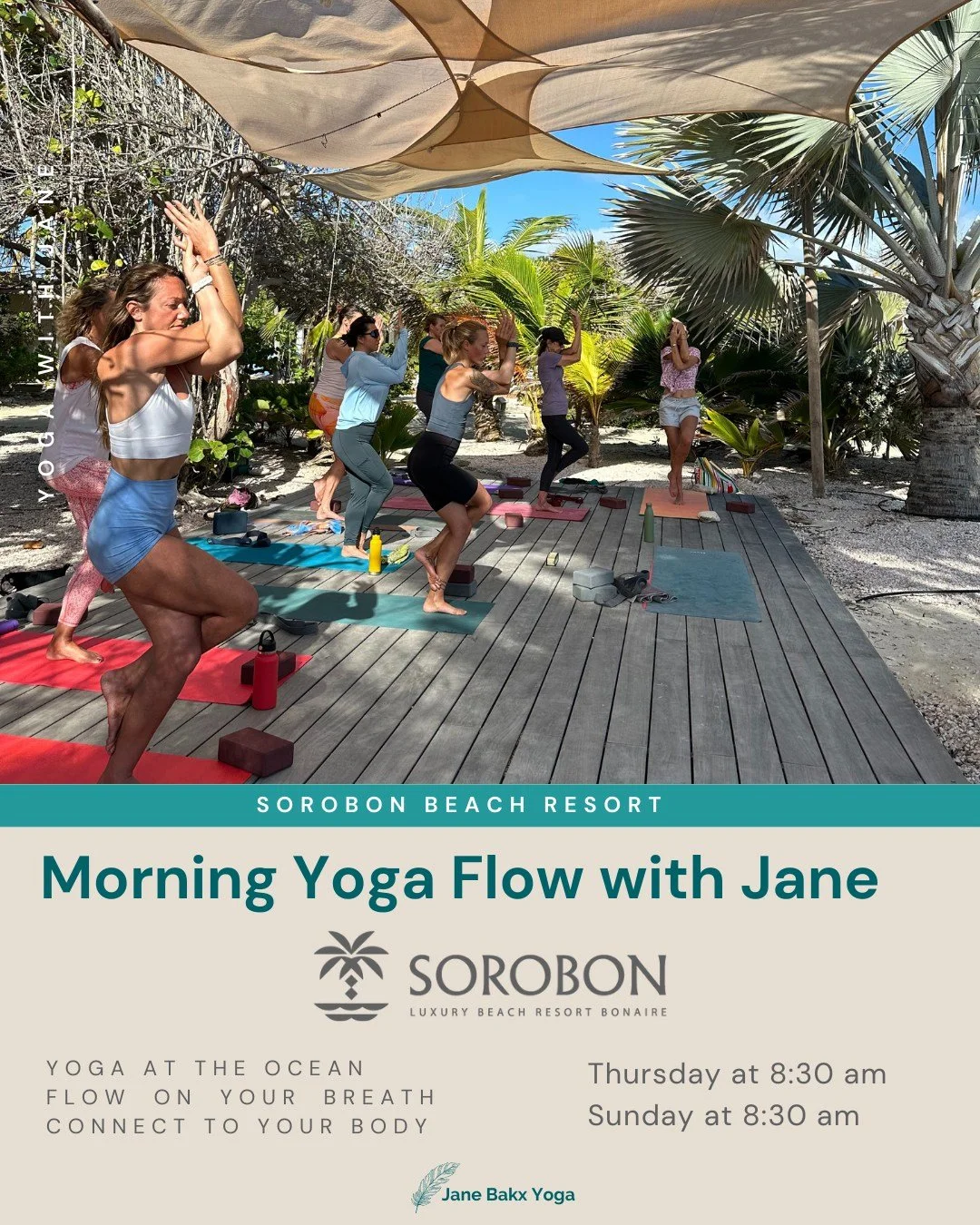 Early mornings at Sorobon are magical.
The water is calm, the breeze is soft, and everything feels peaceful.
Practising Yoga Flow while feeling the wind on your skin and looking out over Lac Bay is the most grounding way to begin your day.

I teach t