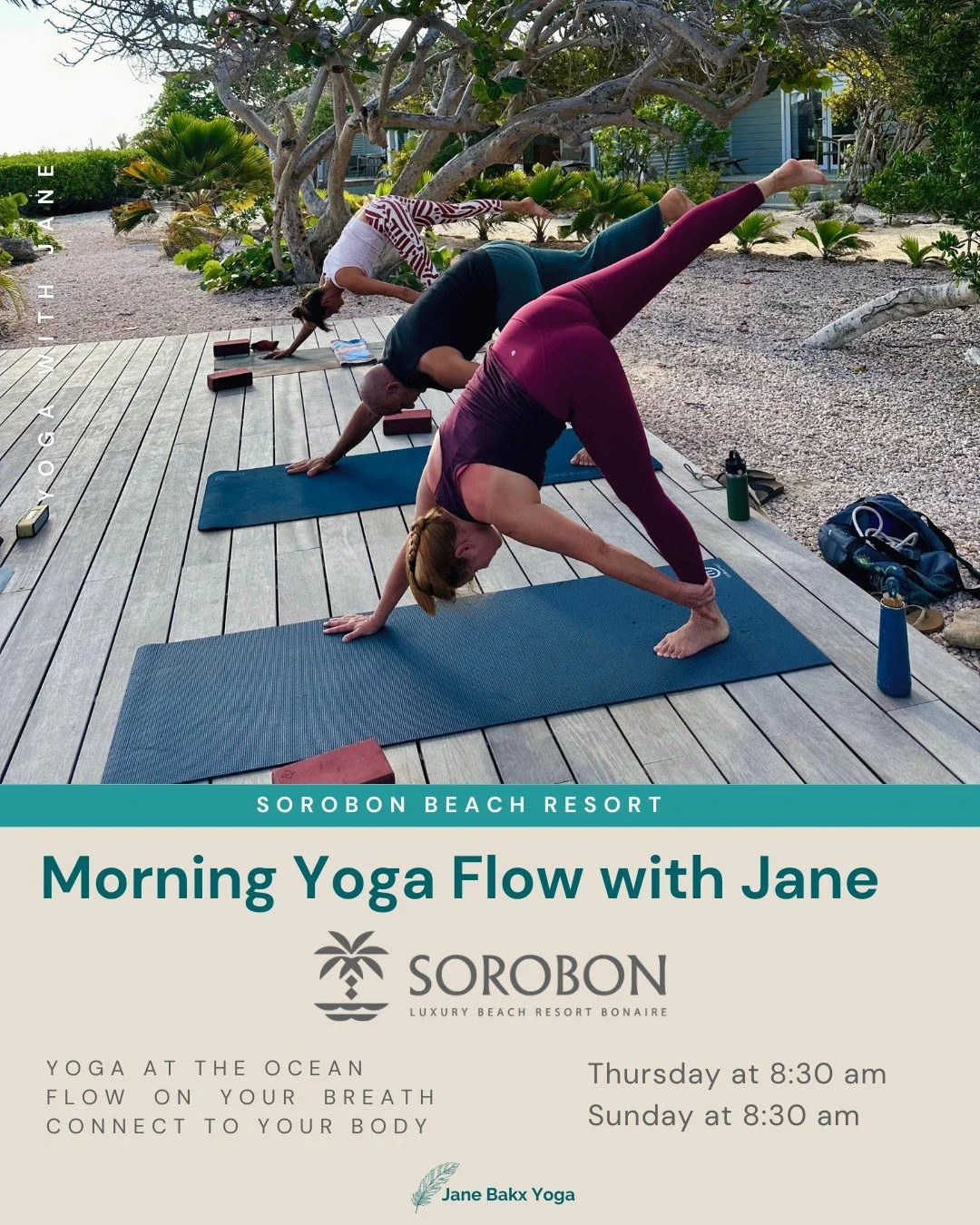 If you&rsquo;re looking for a refreshing way to start your day on Bonaire, come join me for Flow Yoga at Sorobon Luxury Beach Resort.
We practise outside on the beach, overlooking Lac Bay. You&rsquo;ll be moving while breathing in the fresh air and e
