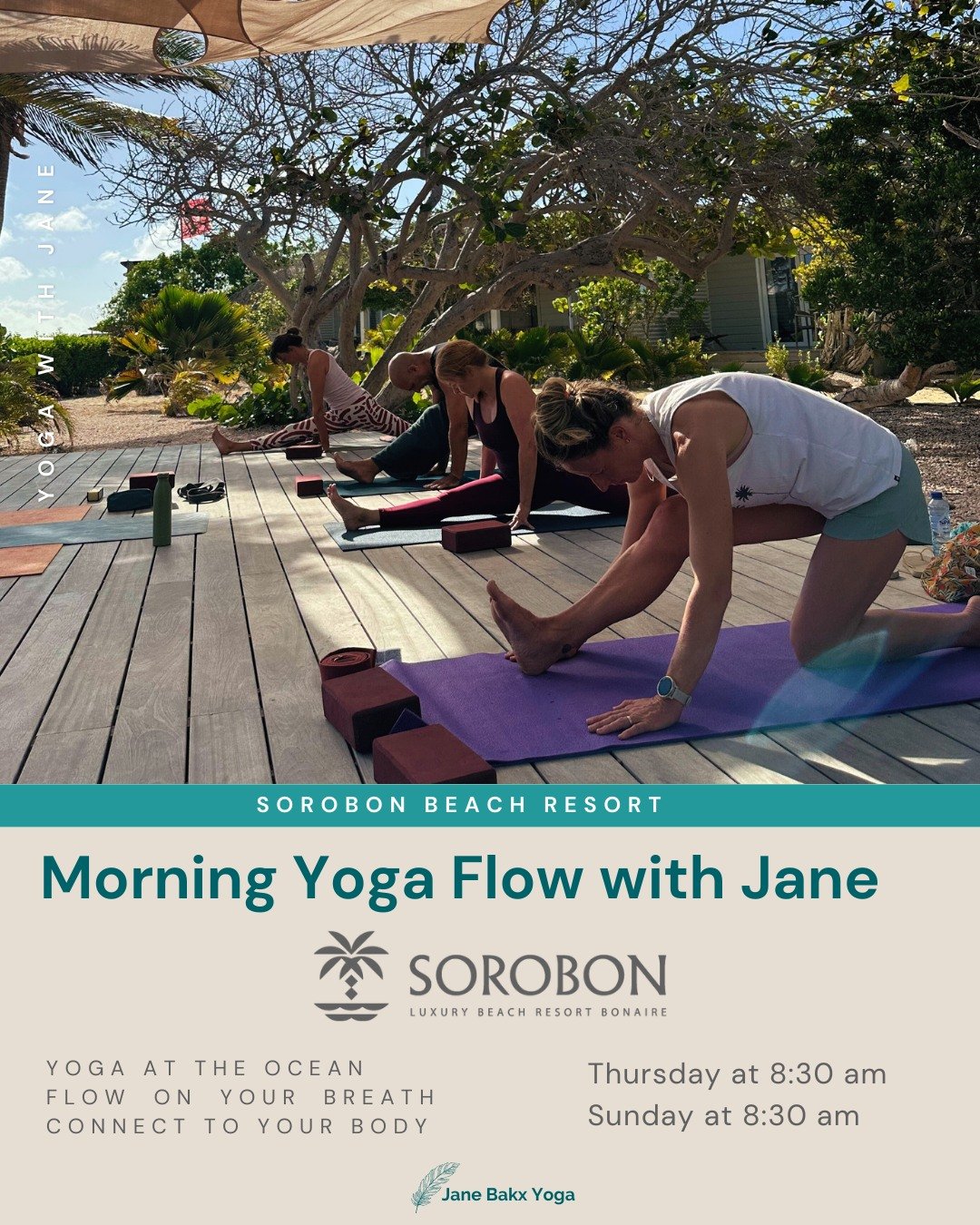 Whether you live on Bonaire or you&rsquo;re here for a holiday, Flow Yoga at Sorobon Luxury Beach Resort is a beautiful treat for your body and mind.
Breathe the fresh ocean air, enjoy the morning sunshine and practise while feeling the wind on your 